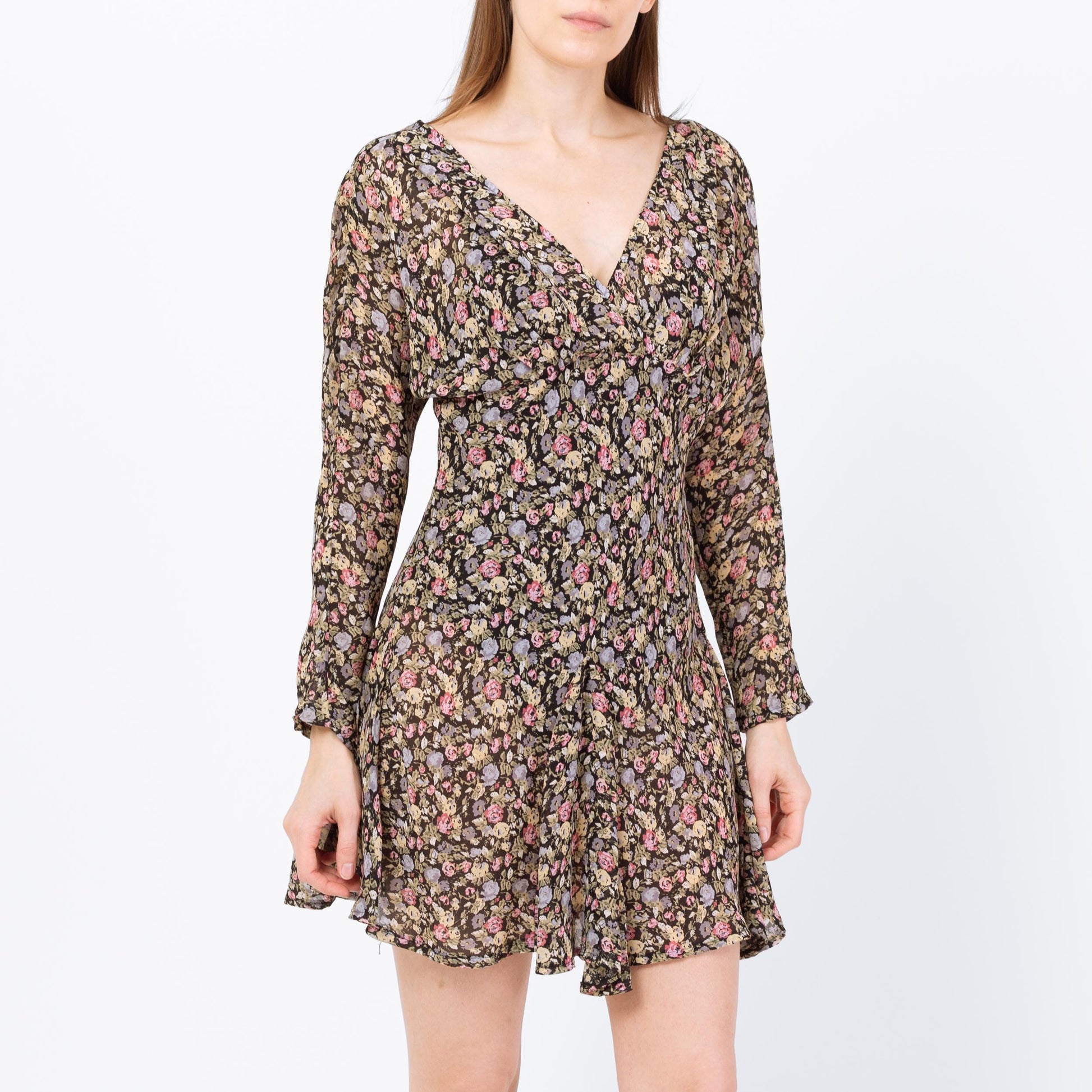 Vintage 90s Sheer Floral Dolman Sleeve Mini Dress - Small | Boho Bias Cut Long Sleeve Dress