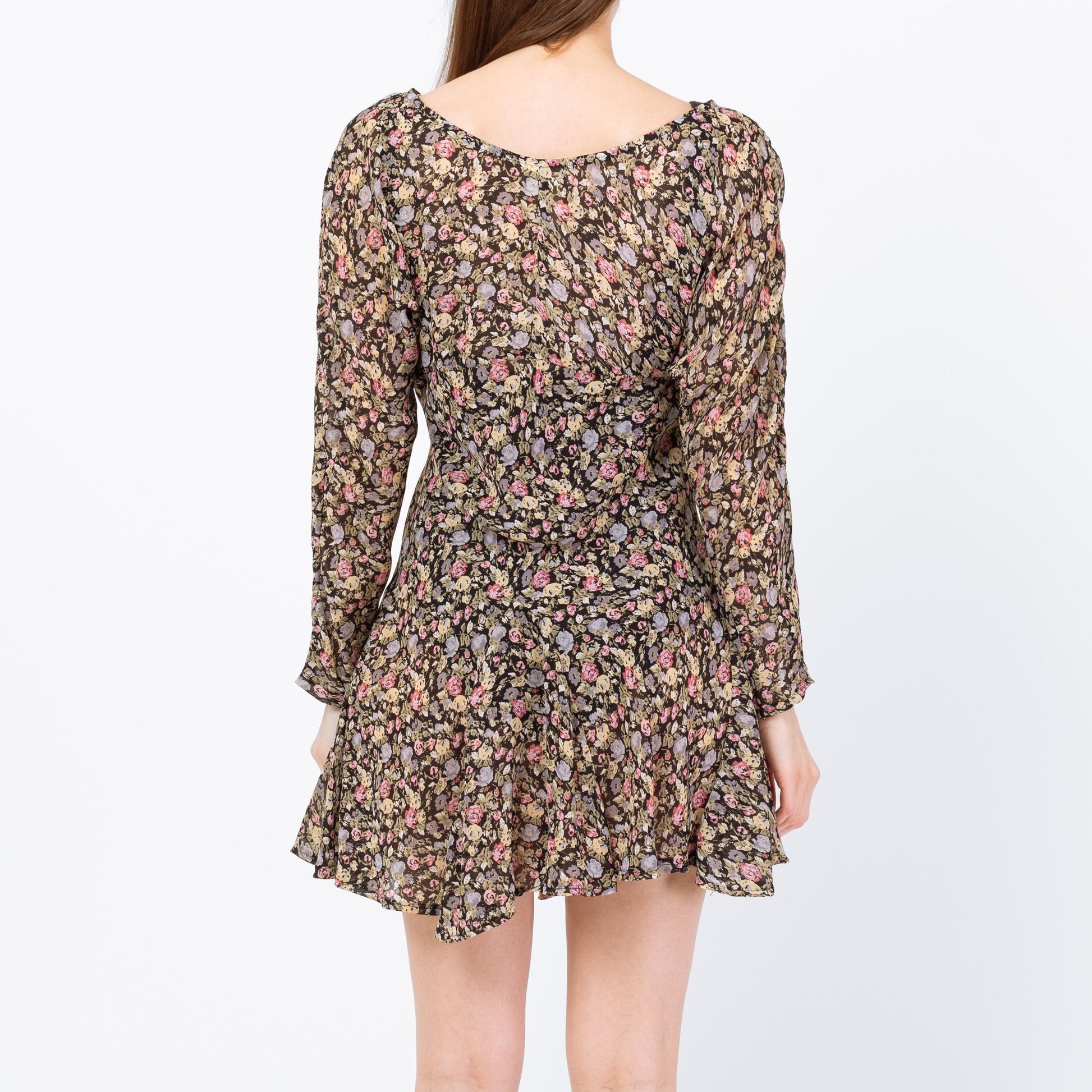 Vintage 90s Sheer Floral Dolman Sleeve Mini Dress - Small | Boho Bias Cut Long Sleeve Dress