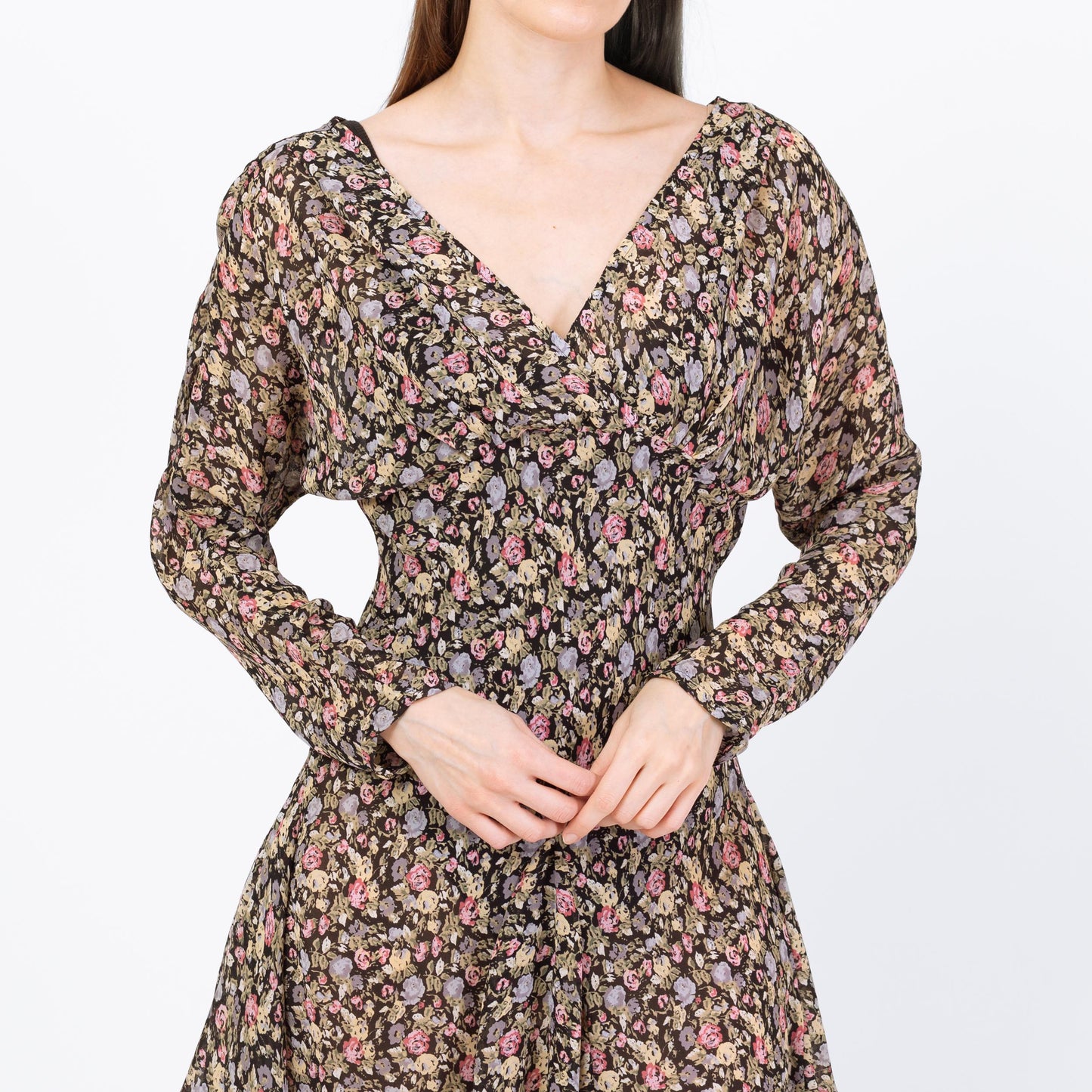 Vintage 90s Sheer Floral Dolman Sleeve Mini Dress - Small | Boho Bias Cut Long Sleeve Dress