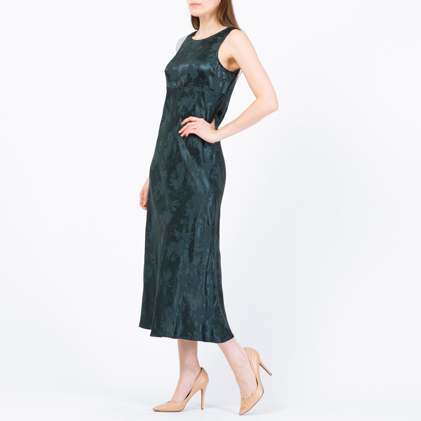 Vintage 90s Dark Emerald Floral Satin Midi Dress - Small | Boho Green Jacquard Tank Dress
