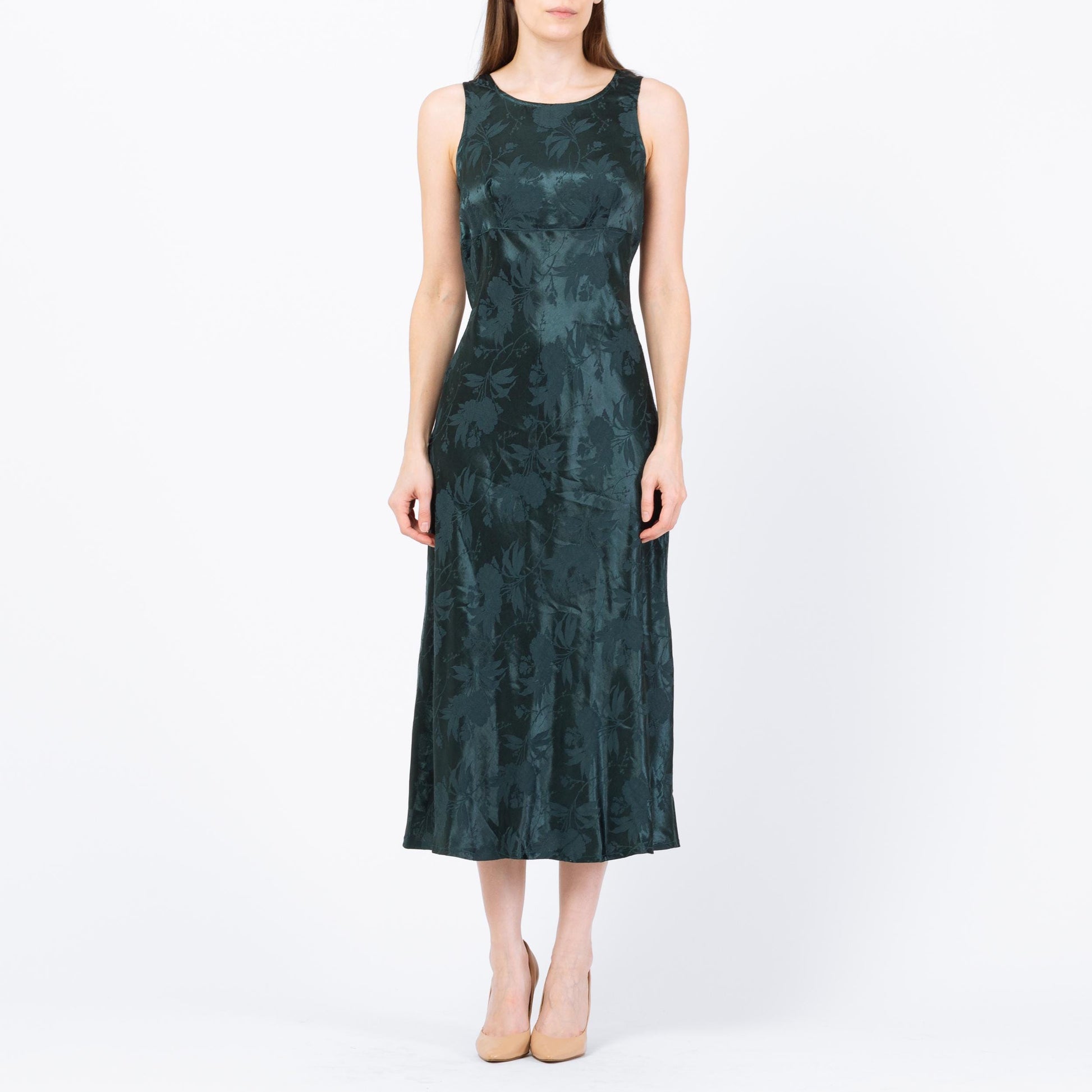 Vintage 90s Dark Emerald Floral Satin Midi Dress - Small | Boho Green Jacquard Tank Dress