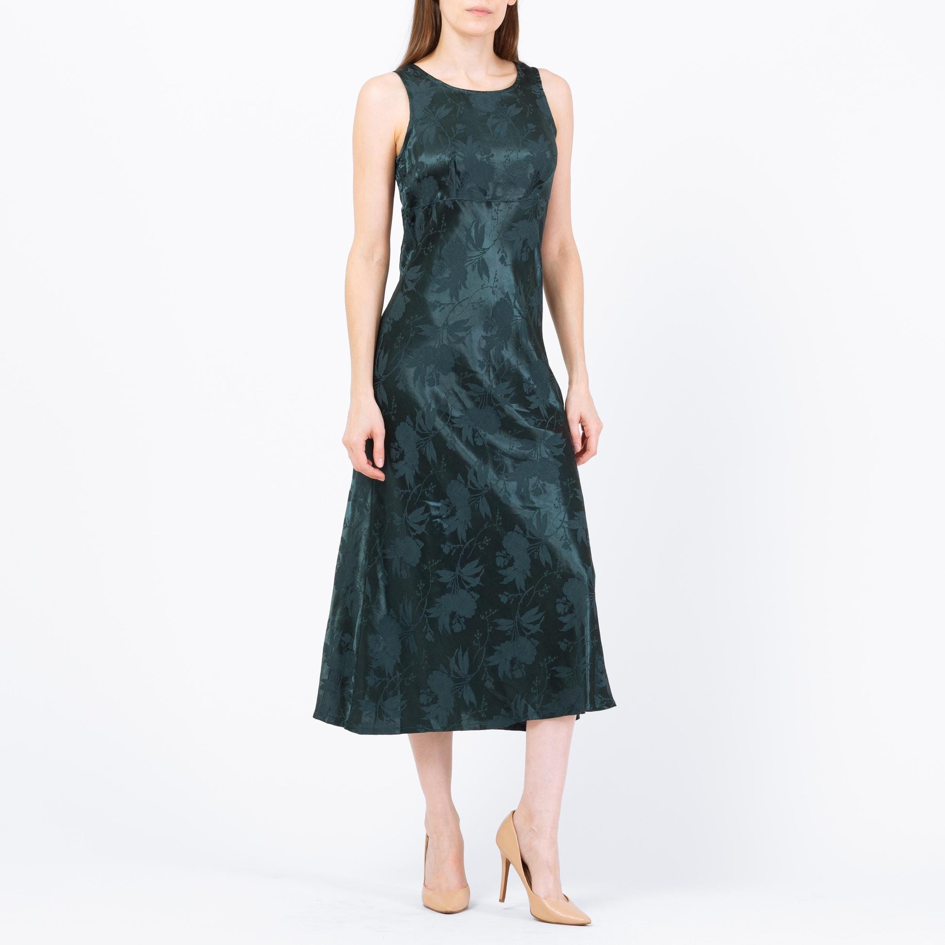 Vintage 90s Dark Emerald Floral Satin Midi Dress - Small | Boho Green Jacquard Tank Dress
