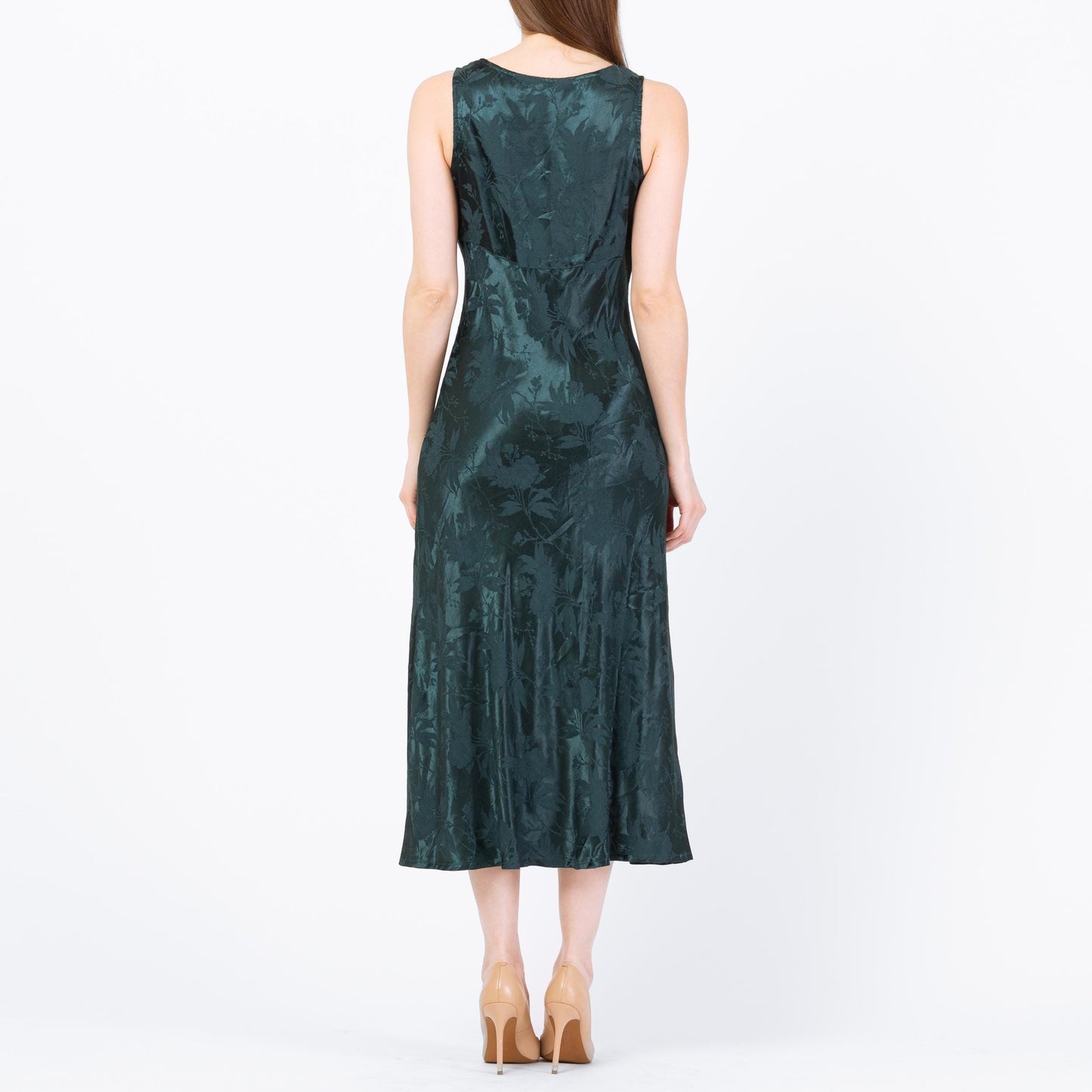 Vintage 90s Dark Emerald Floral Satin Midi Dress - Small | Boho Green Jacquard Tank Dress