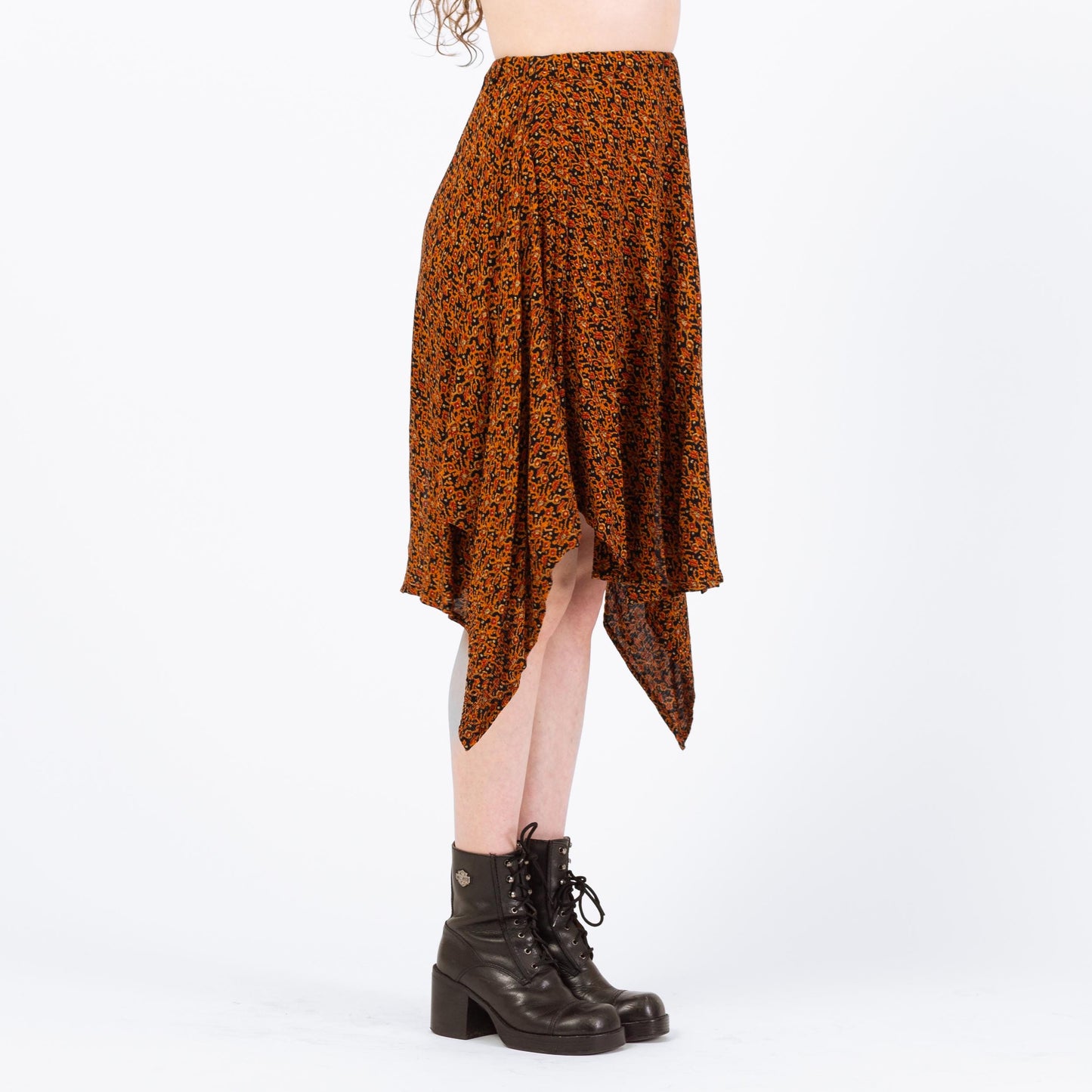 Vintage High Slit Orange Floral Handkerchief Skirt - Medium to Large | Whimsigoth Fairycore Scarf Hem Midi Skirt