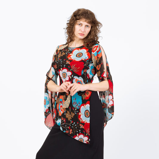 Vintage Y2K Floral Angel Sleeve Asymmetrical Top - Medium | Boho Sheer Longline Whimisgoth Blouse