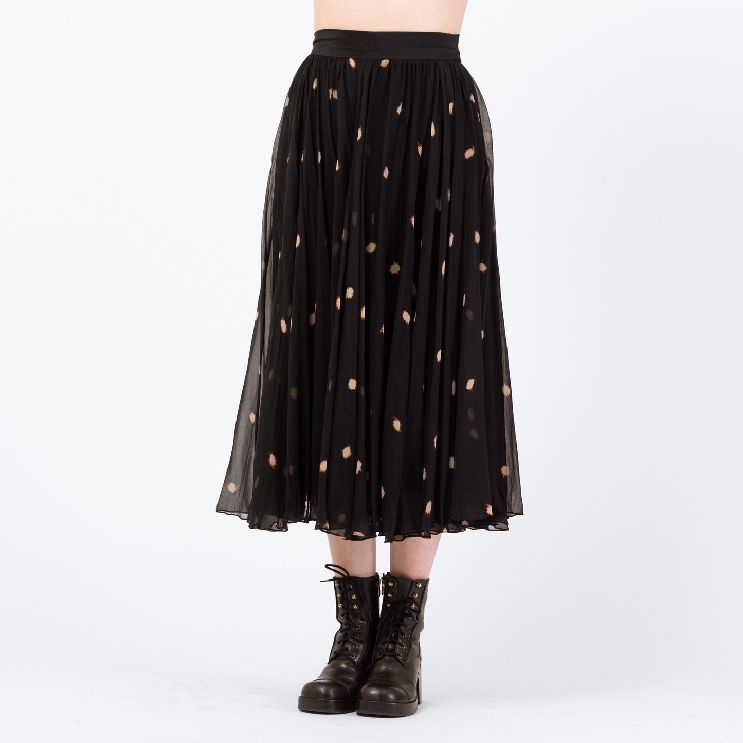 Vintage 90s Black Silk Polka Dot Midi Skirt - Small | Boho High Waisted Full Skirt