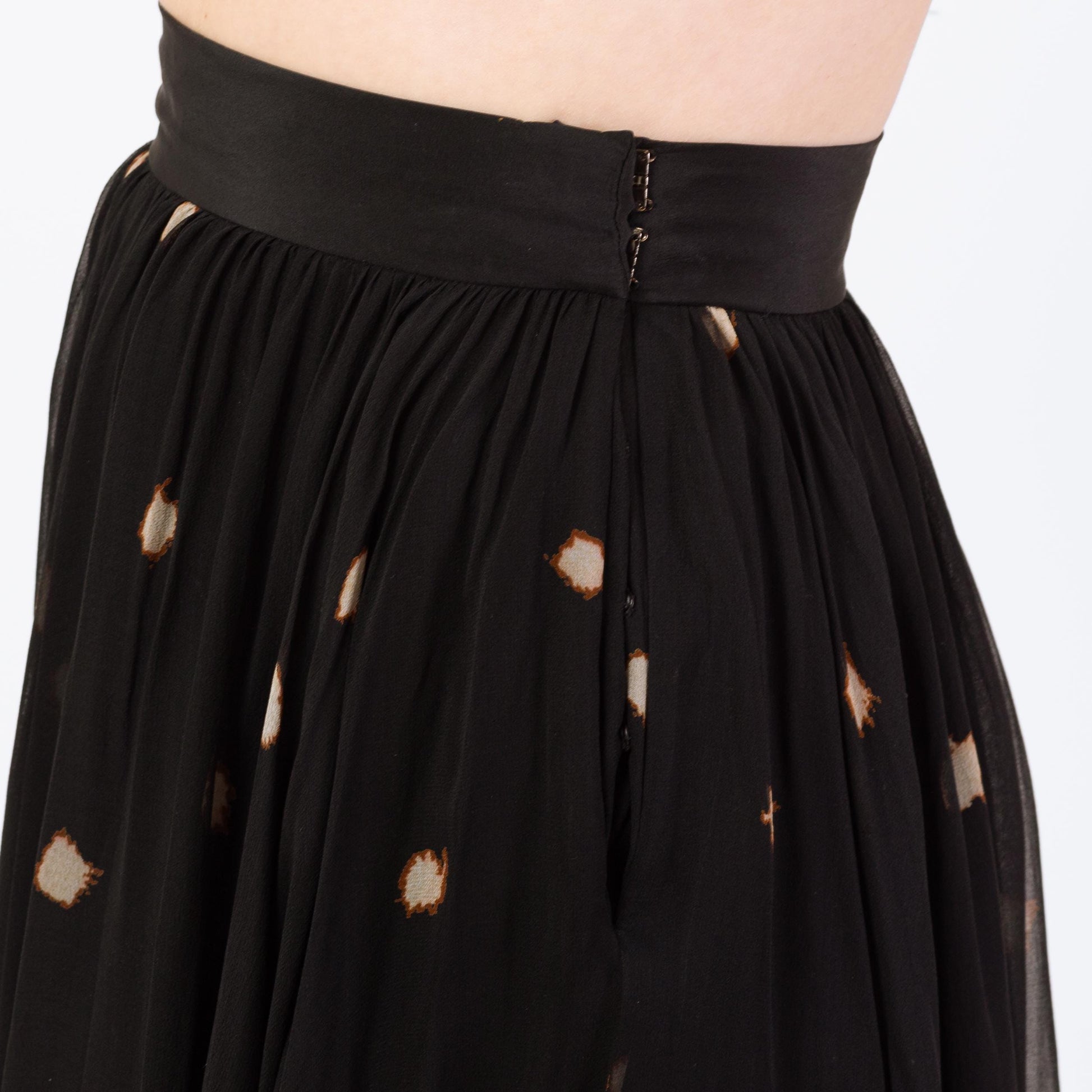 Vintage 90s Black Silk Polka Dot Midi Skirt - Small | Boho High Waisted Full Skirt