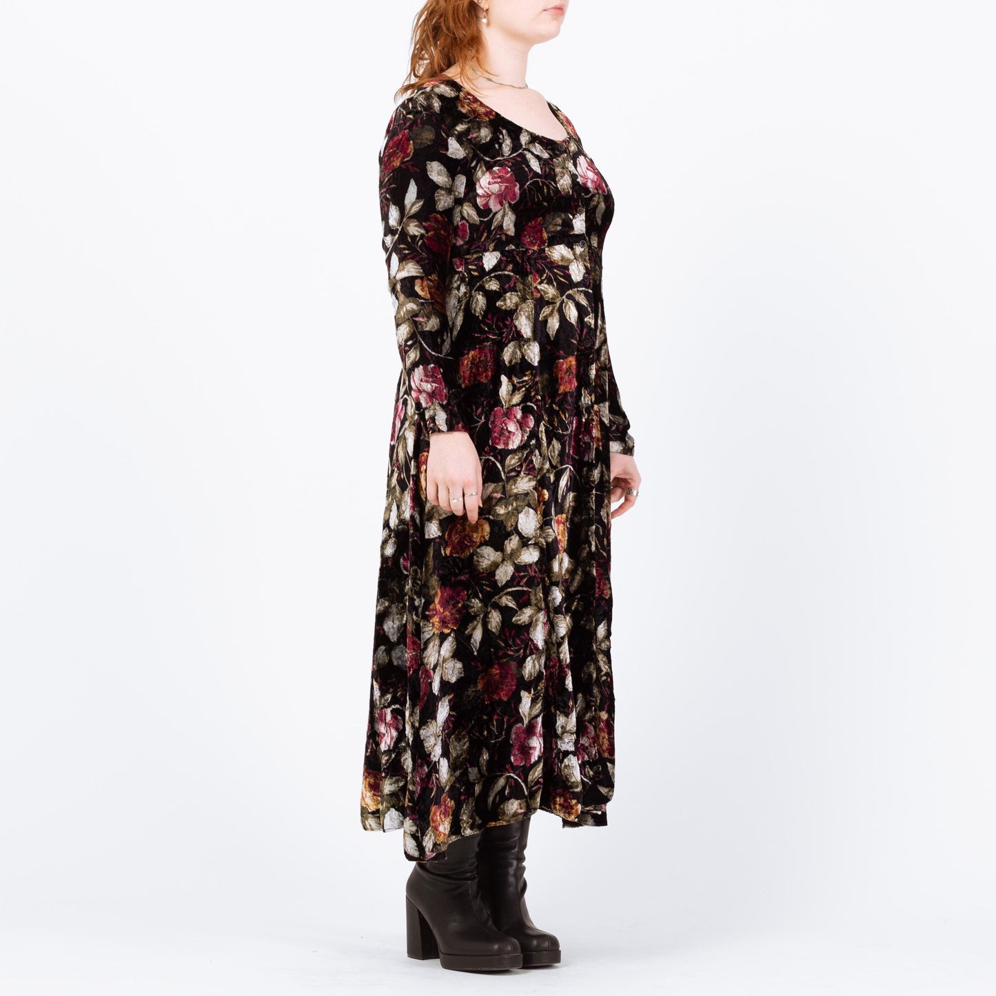Vintage 90s Dark Floral Velvet Maxi Dress - Medium | Boho Long Sleeve Whimsigoth Dress