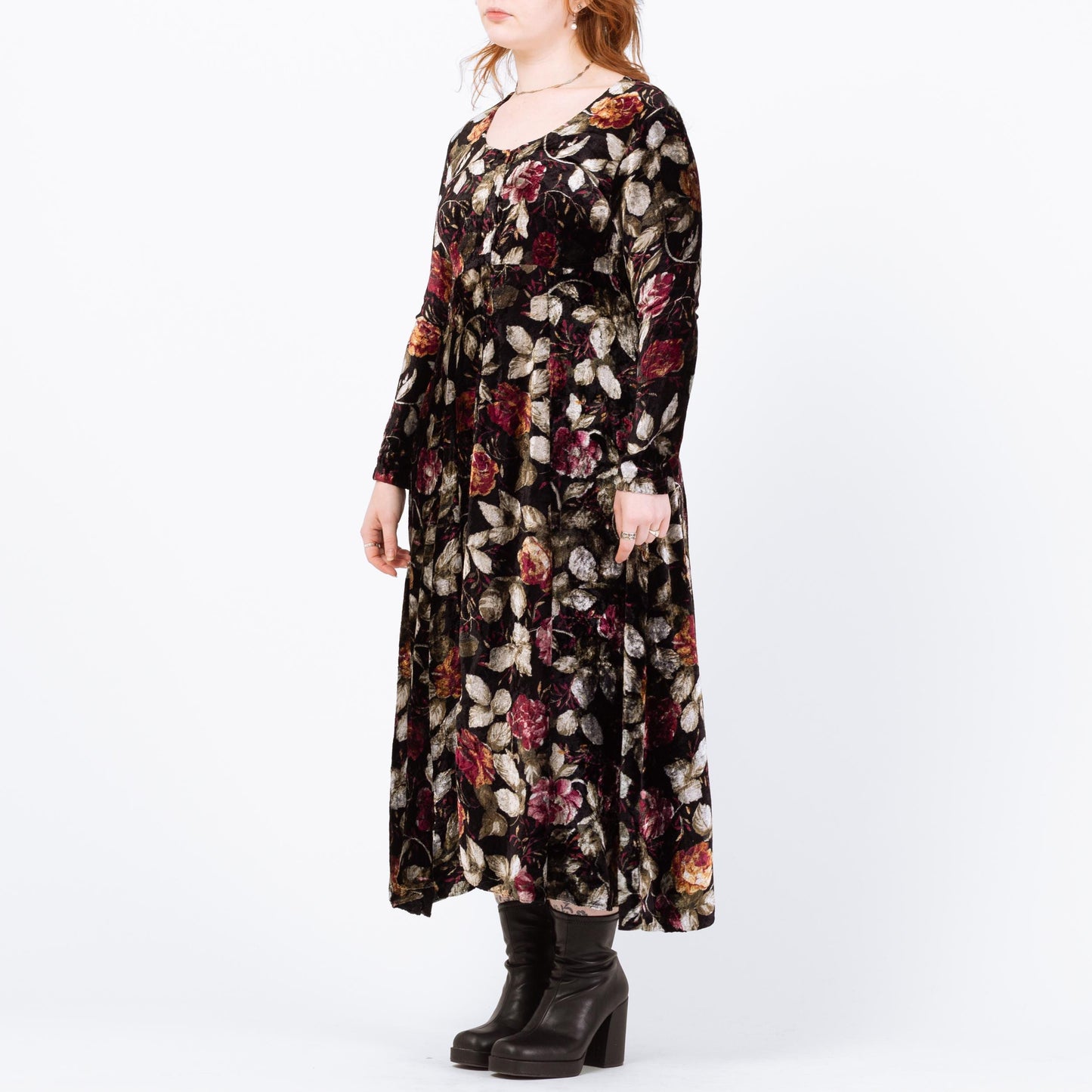 Vintage 90s Dark Floral Velvet Maxi Dress - Medium | Boho Long Sleeve Whimsigoth Dress