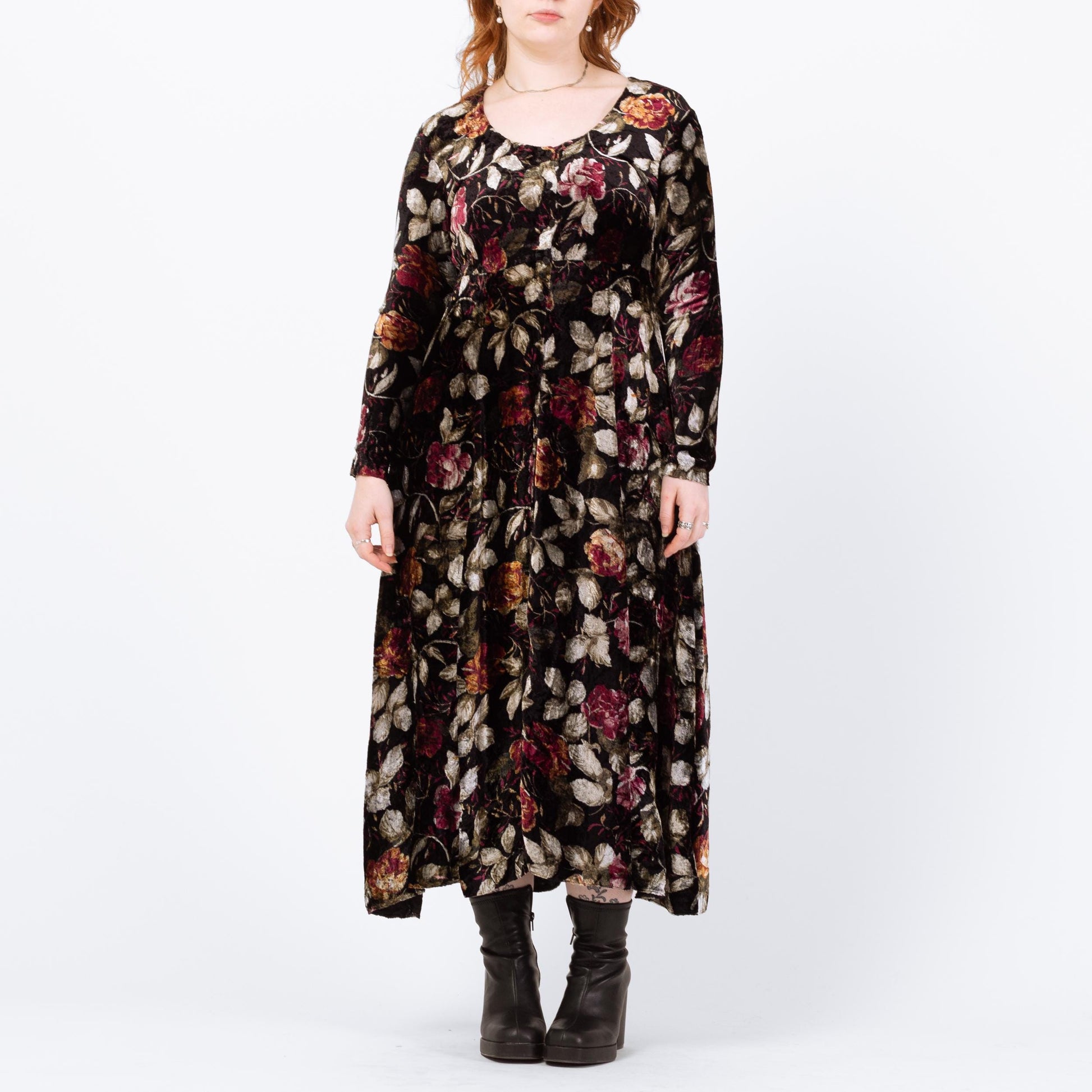 Vintage 90s Dark Floral Velvet Maxi Dress - Medium | Boho Long Sleeve Whimsigoth Dress