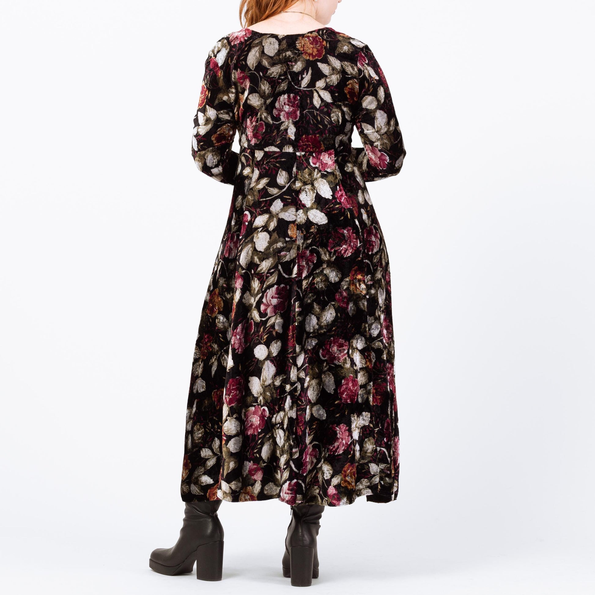Vintage 90s Dark Floral Velvet Maxi Dress - Medium | Boho Long Sleeve Whimsigoth Dress