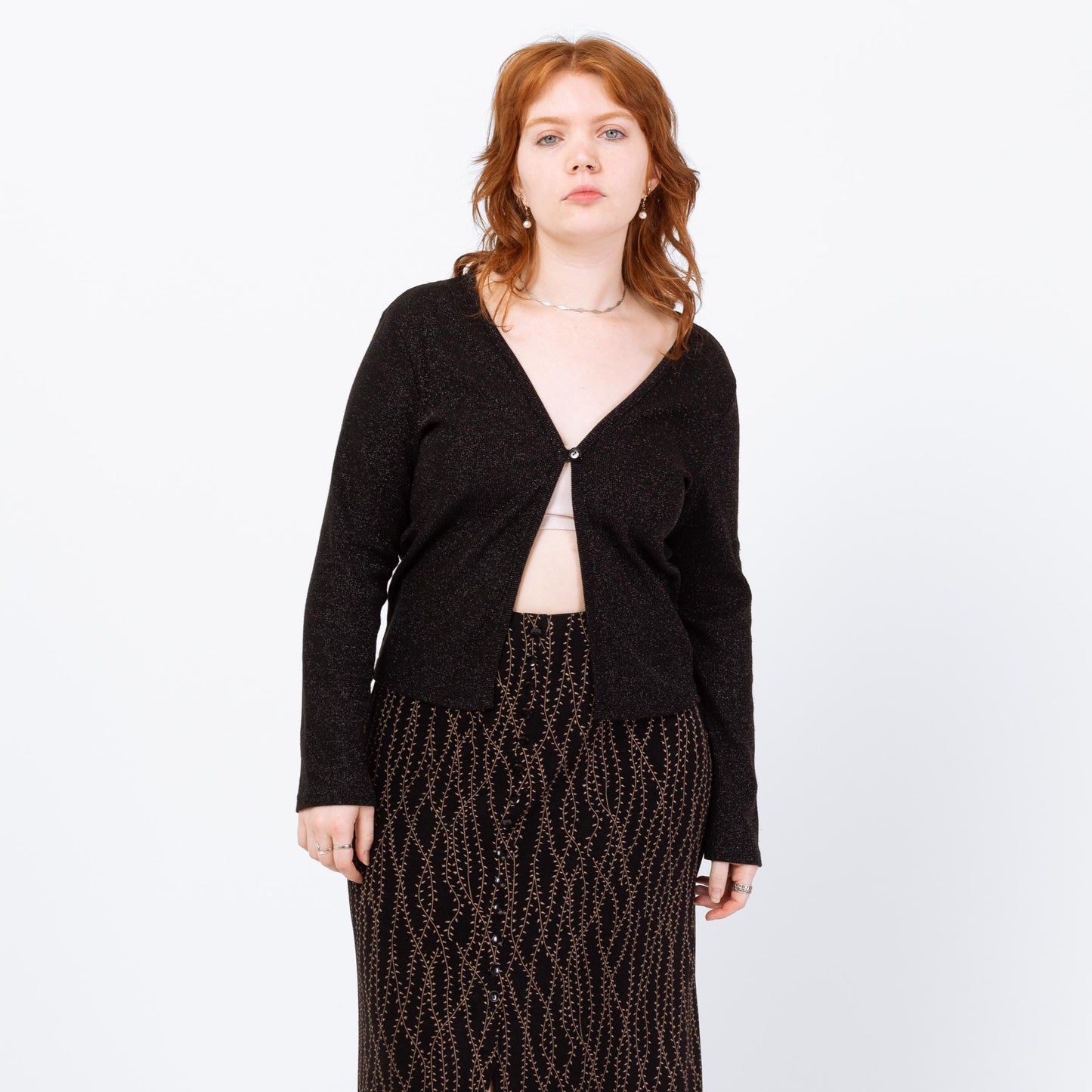Vintage 90s Black Metallic Split Front Top - Large | Cropped Open Fit Cardigan