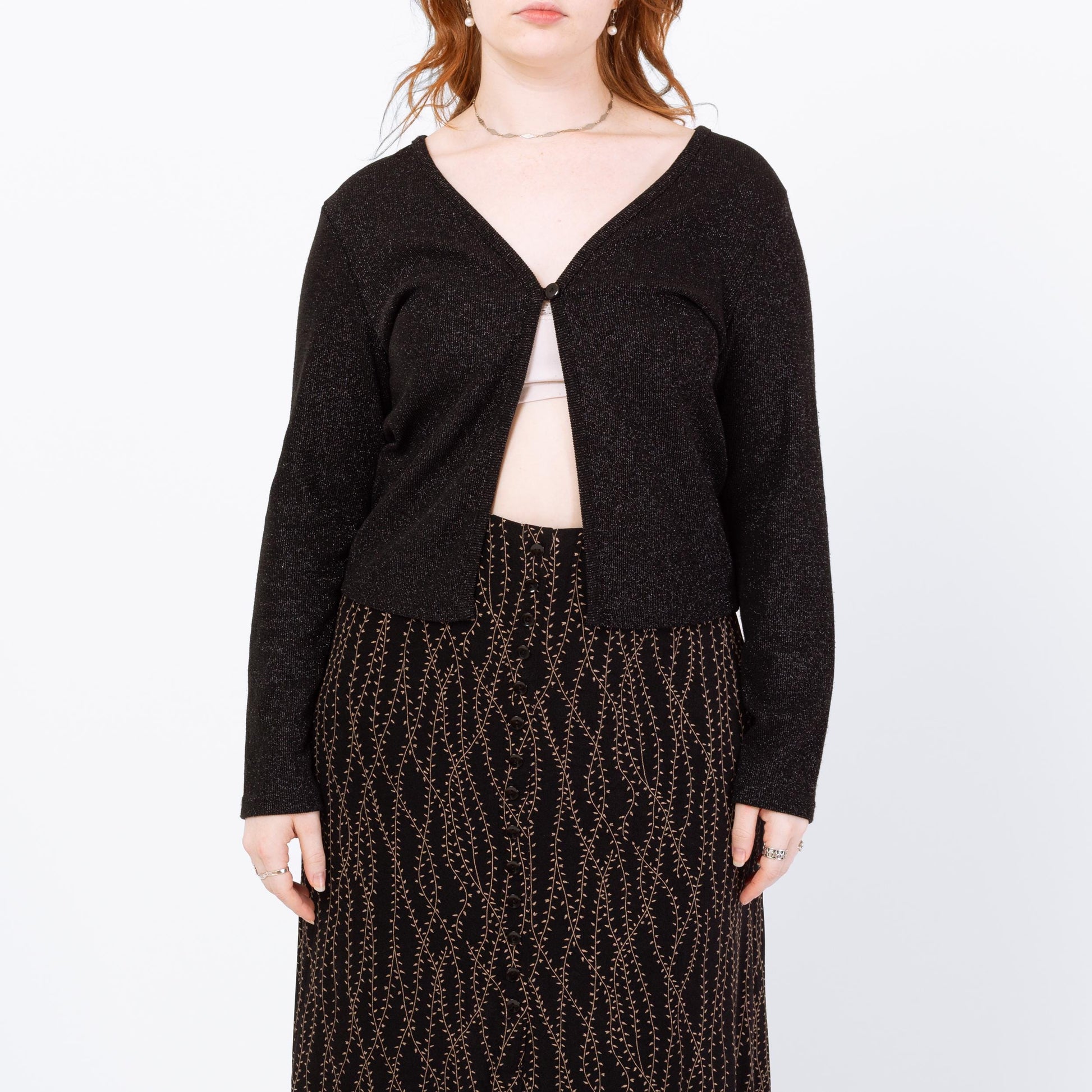 Vintage 90s Black Metallic Split Front Top - Large | Cropped Open Fit Cardigan