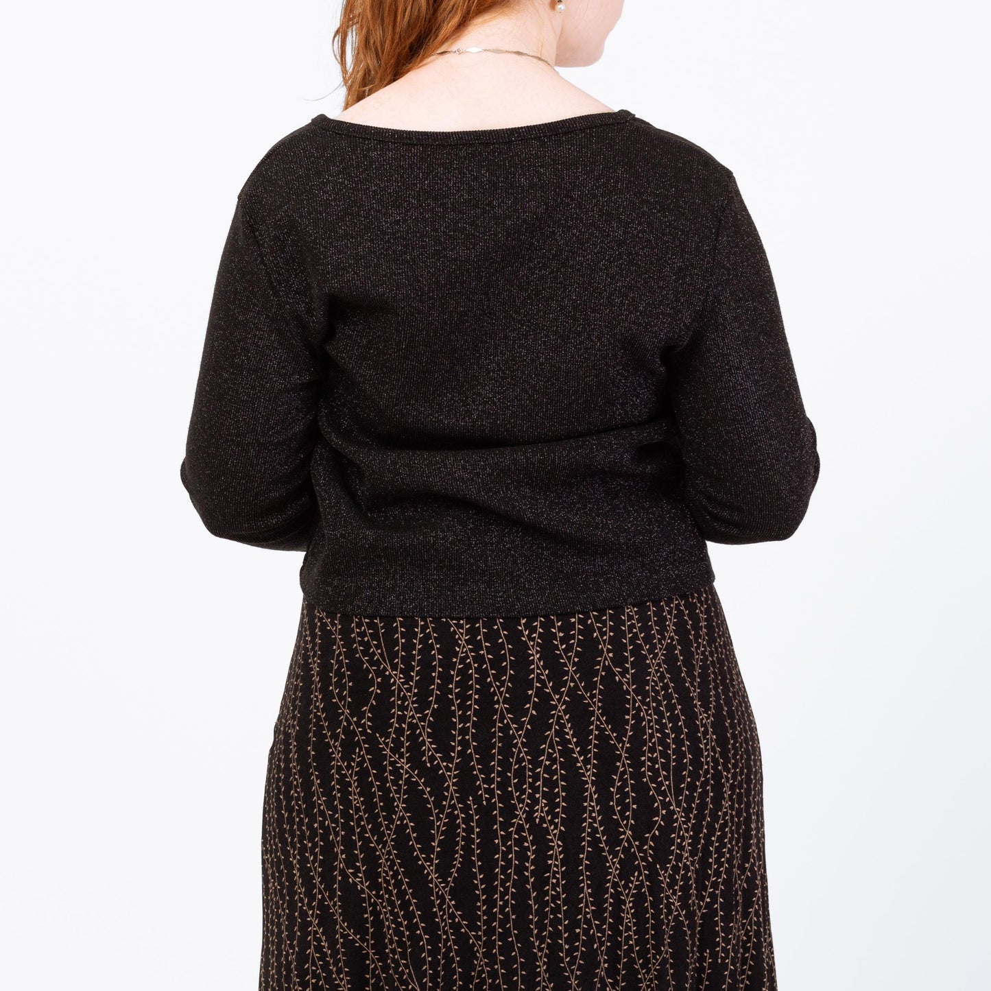 Vintage 90s Black Metallic Split Front Top - Large | Cropped Open Fit Cardigan