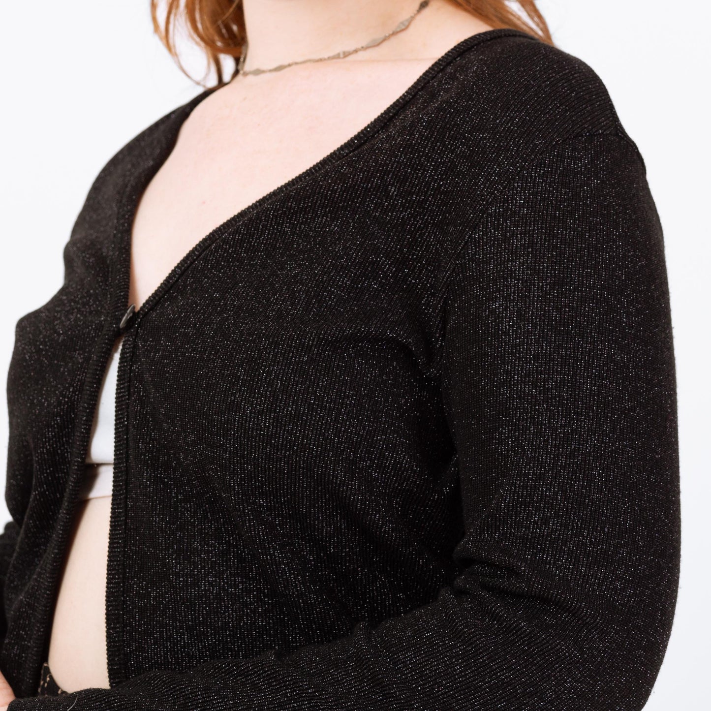 Vintage 90s Black Metallic Split Front Top - Large | Cropped Open Fit Cardigan