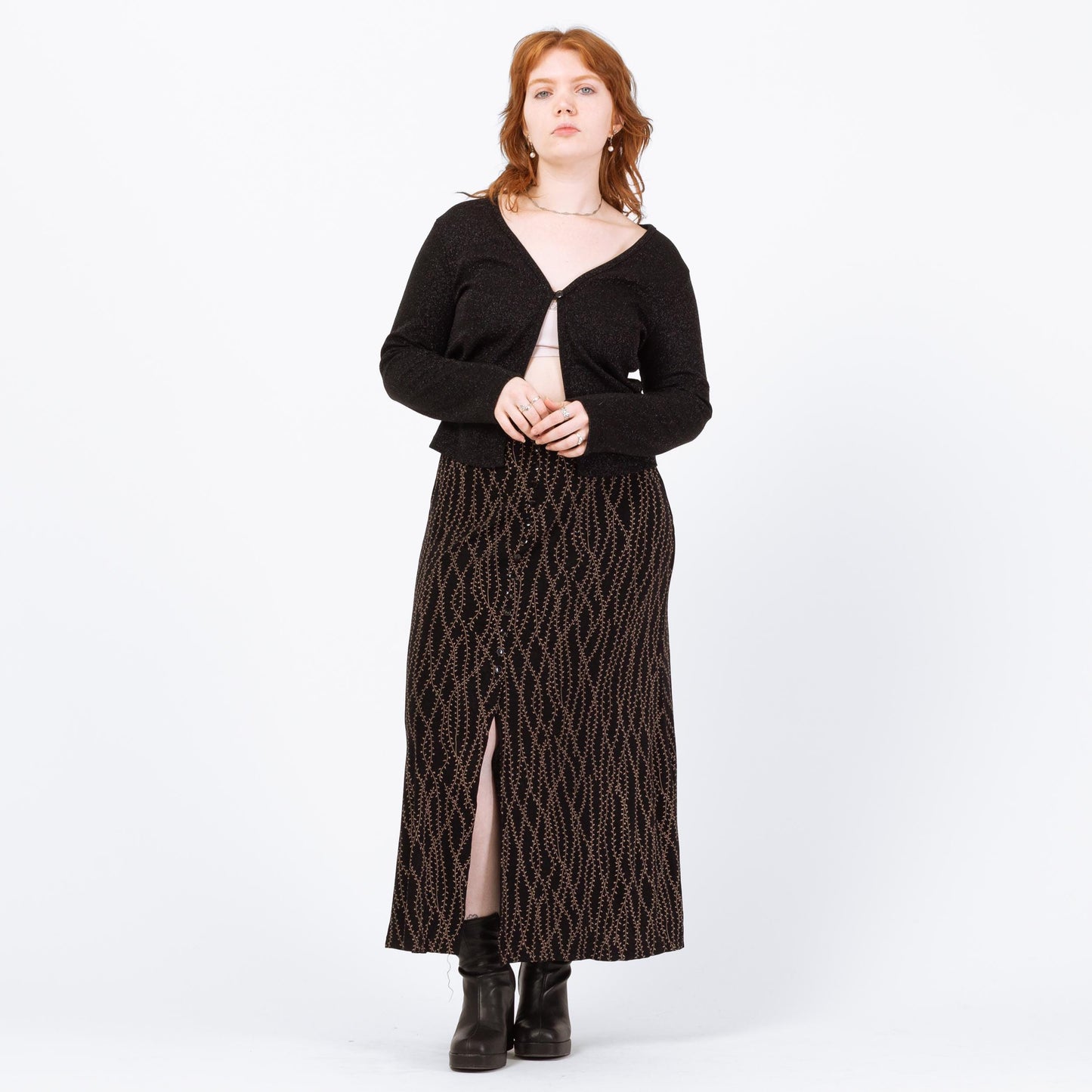 Vintage 90s Slinky Vine Print Maxi Skirt - Large | Black Brown Button Front Stretchy Skirt