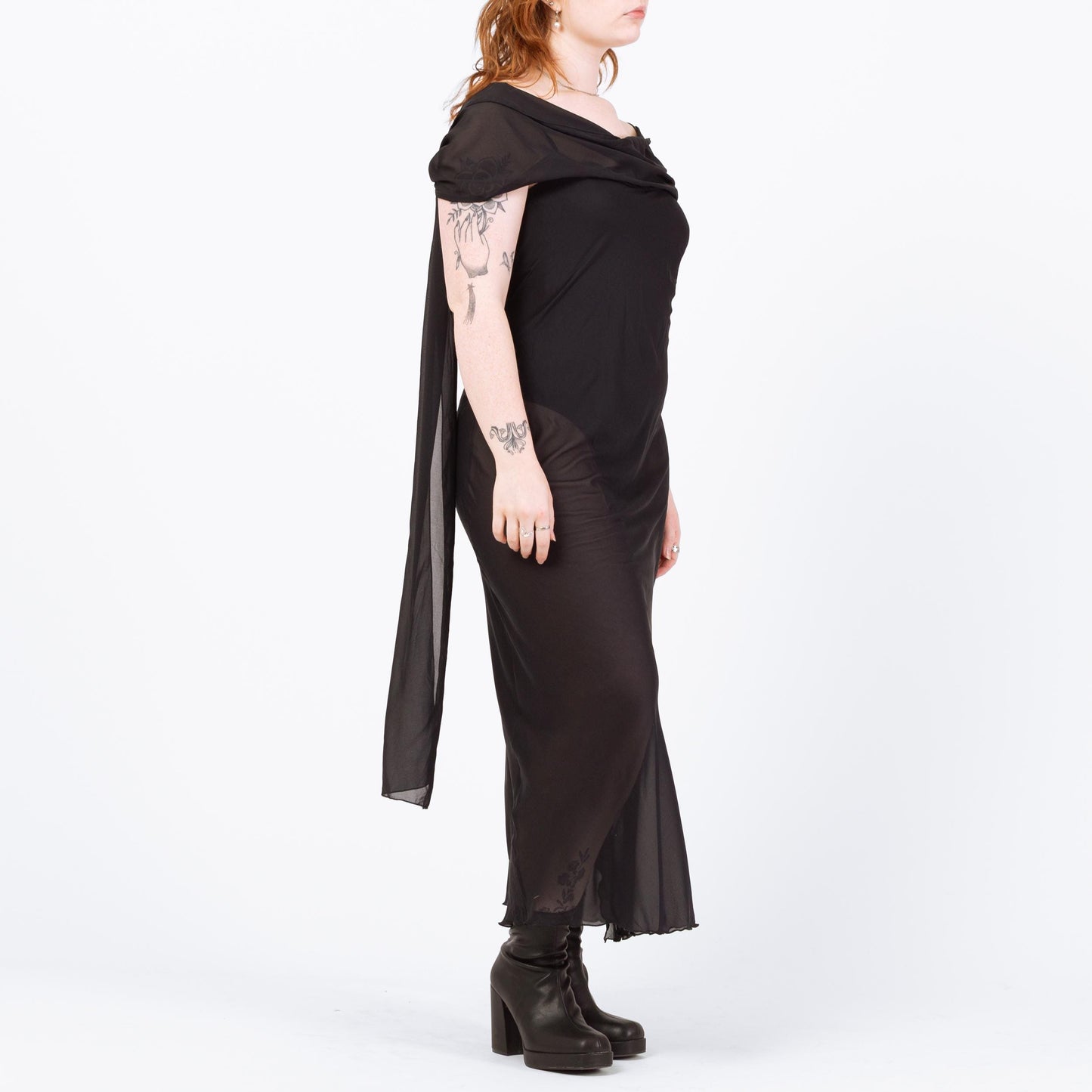 Vintage 90s Sheer Black Lingerie Maxi Dress - Large | Bias Cut Draped Low Back Slip