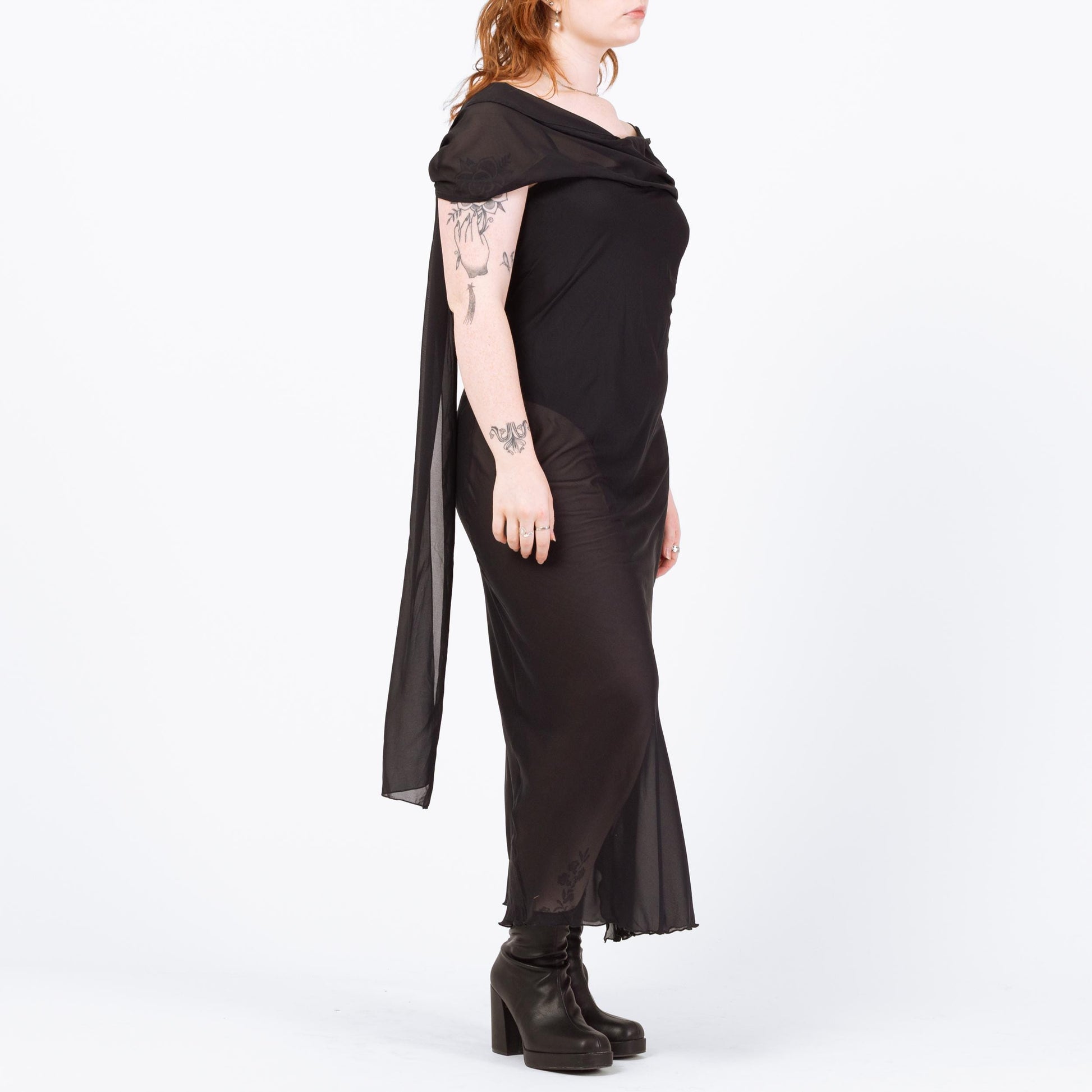 Vintage 90s Sheer Black Lingerie Maxi Dress - Large | Bias Cut Draped Low Back Slip