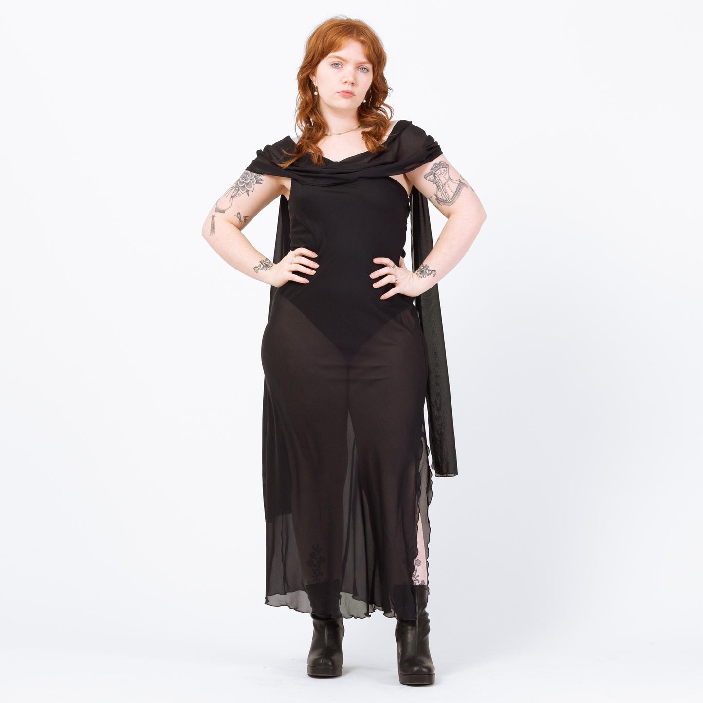 Vintage 90s Sheer Black Lingerie Maxi Dress - Large | Bias Cut Draped Low Back Slip