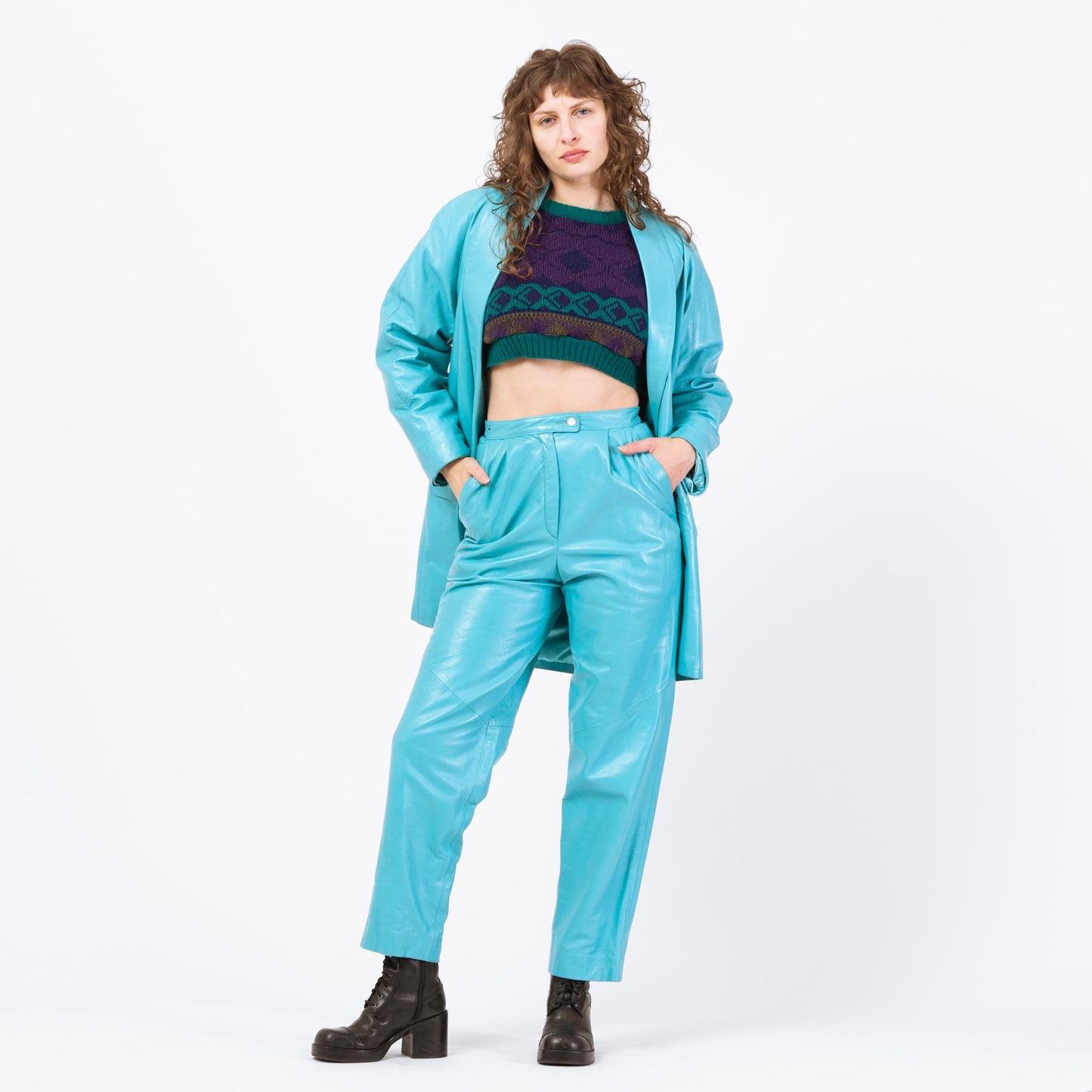 Vintage 80s Turquoise Blue Leather Suit Set - Small to Medium | Jacket & Pants Matching Two Piece Outfit