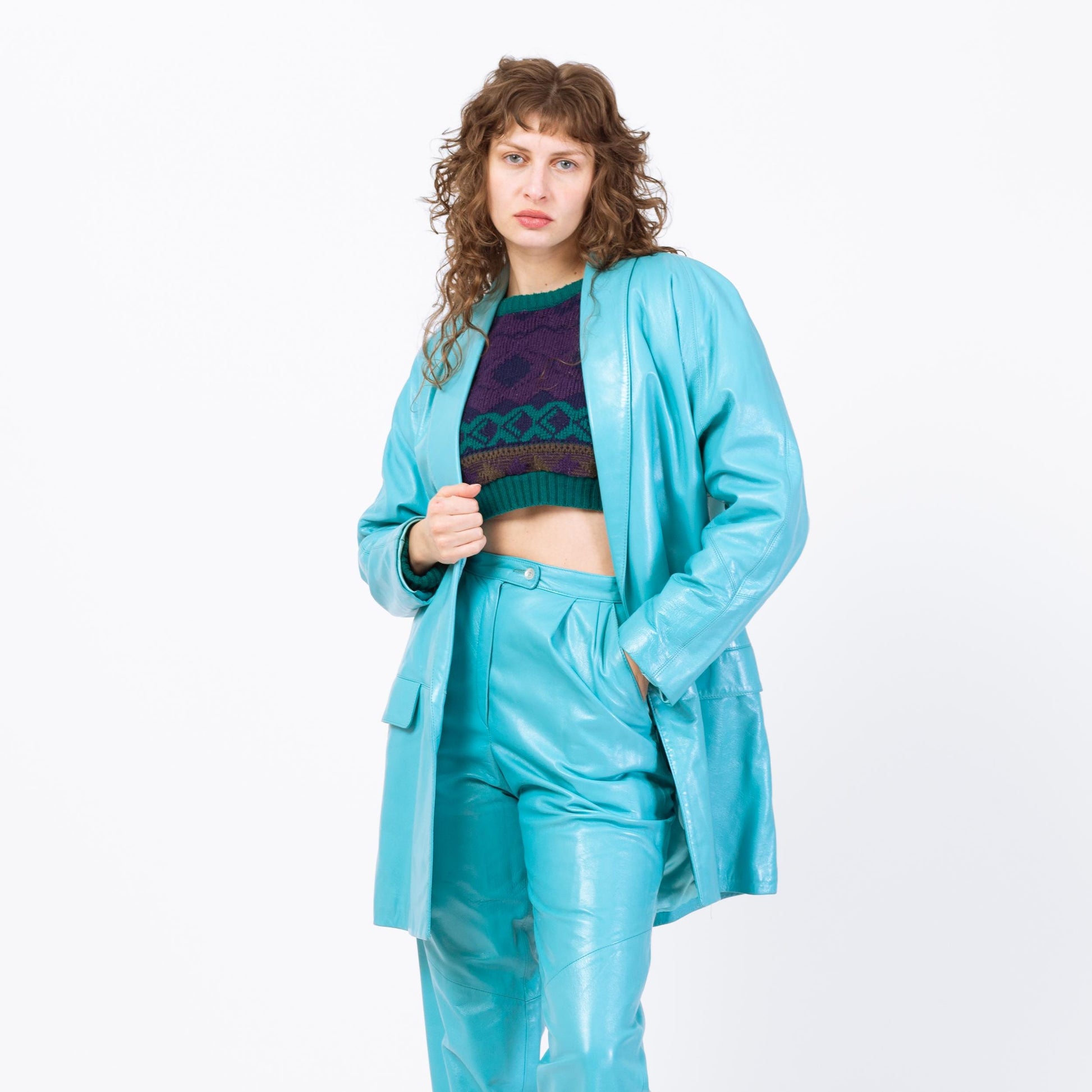 Vintage 80s Turquoise Blue Leather Suit Set - Small to Medium | Jacket & Pants Matching Two Piece Outfit