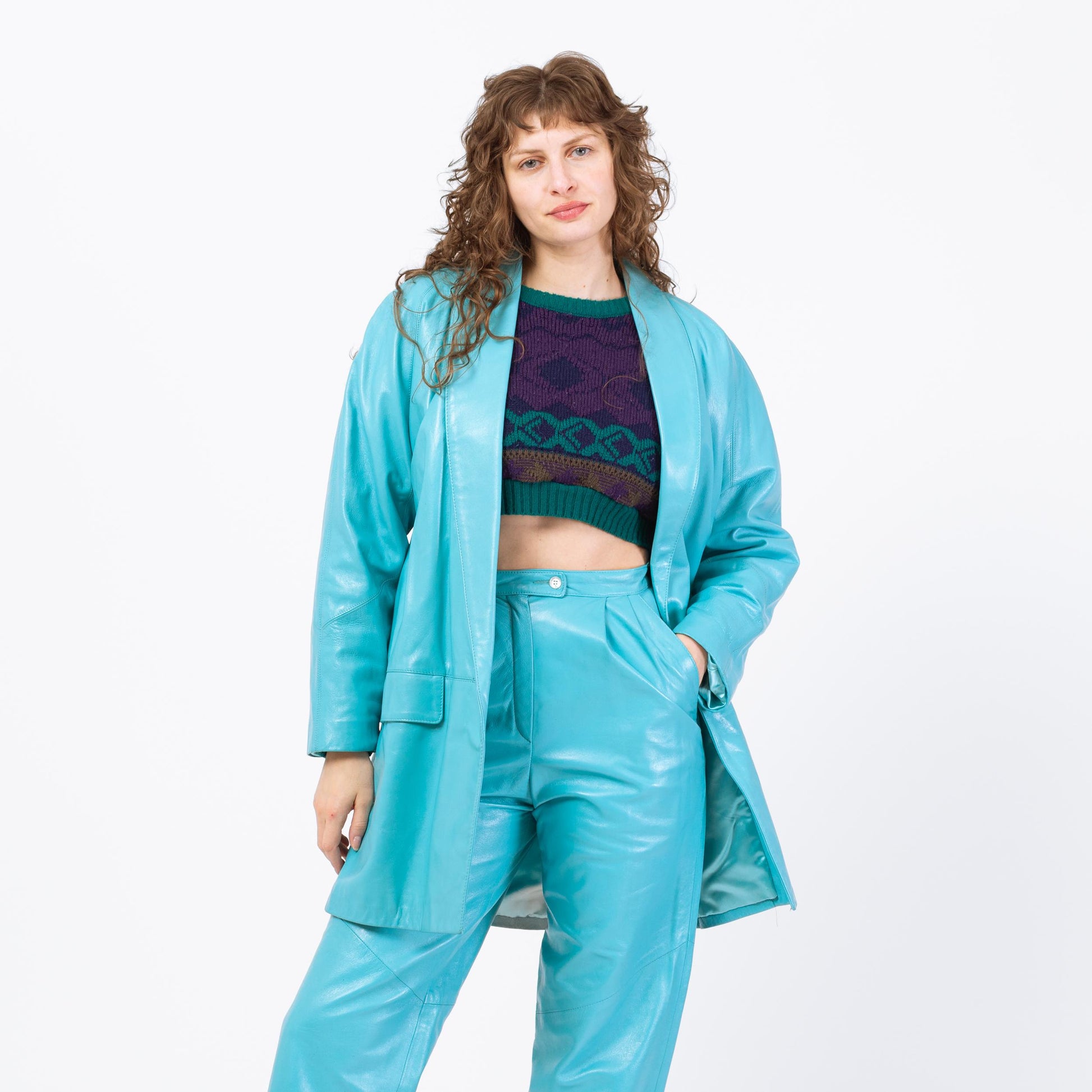 Vintage 80s Turquoise Blue Leather Suit Set - Small to Medium | Jacket & Pants Matching Two Piece Outfit