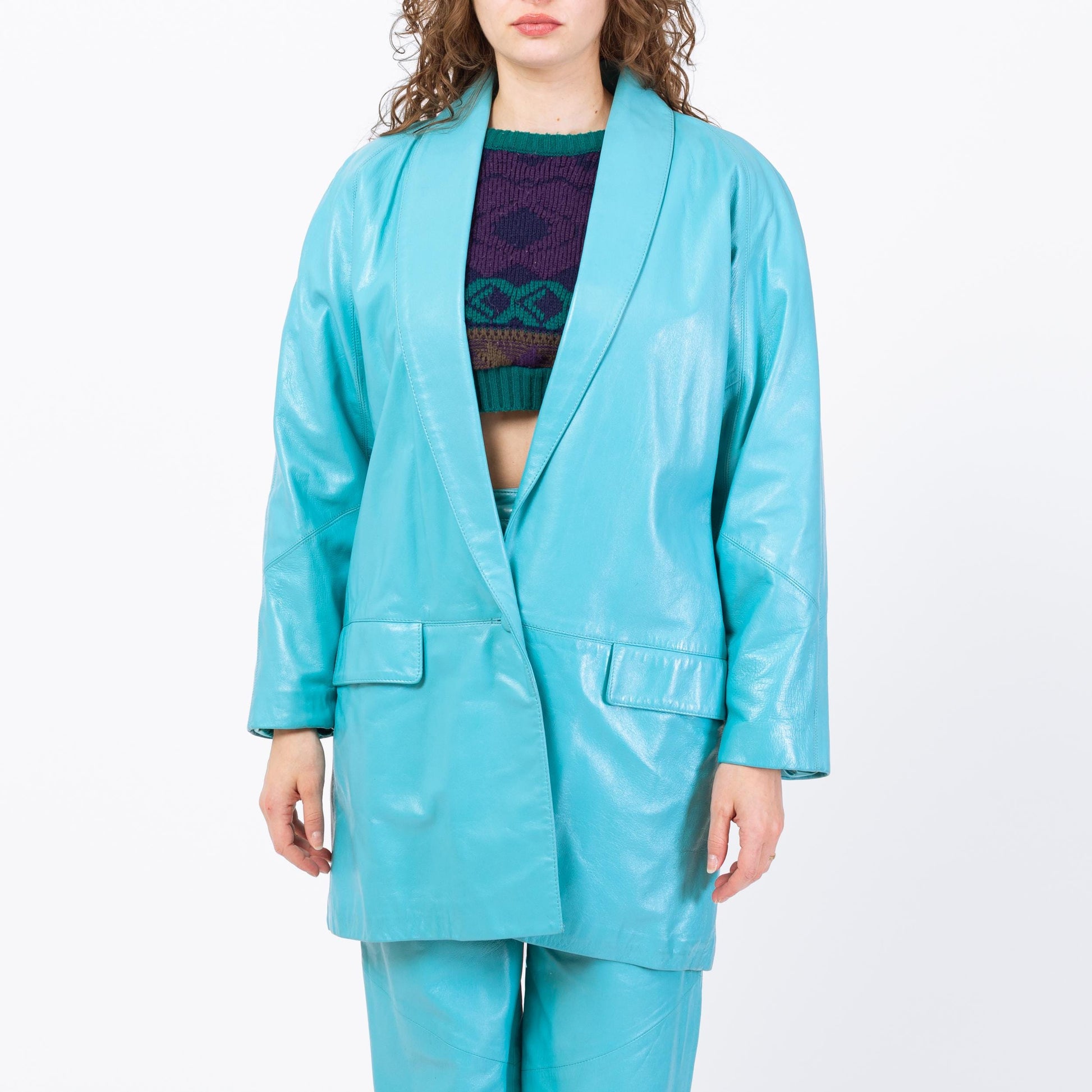 Vintage 80s Turquoise Blue Leather Suit Set - Small to Medium | Jacket & Pants Matching Two Piece Outfit