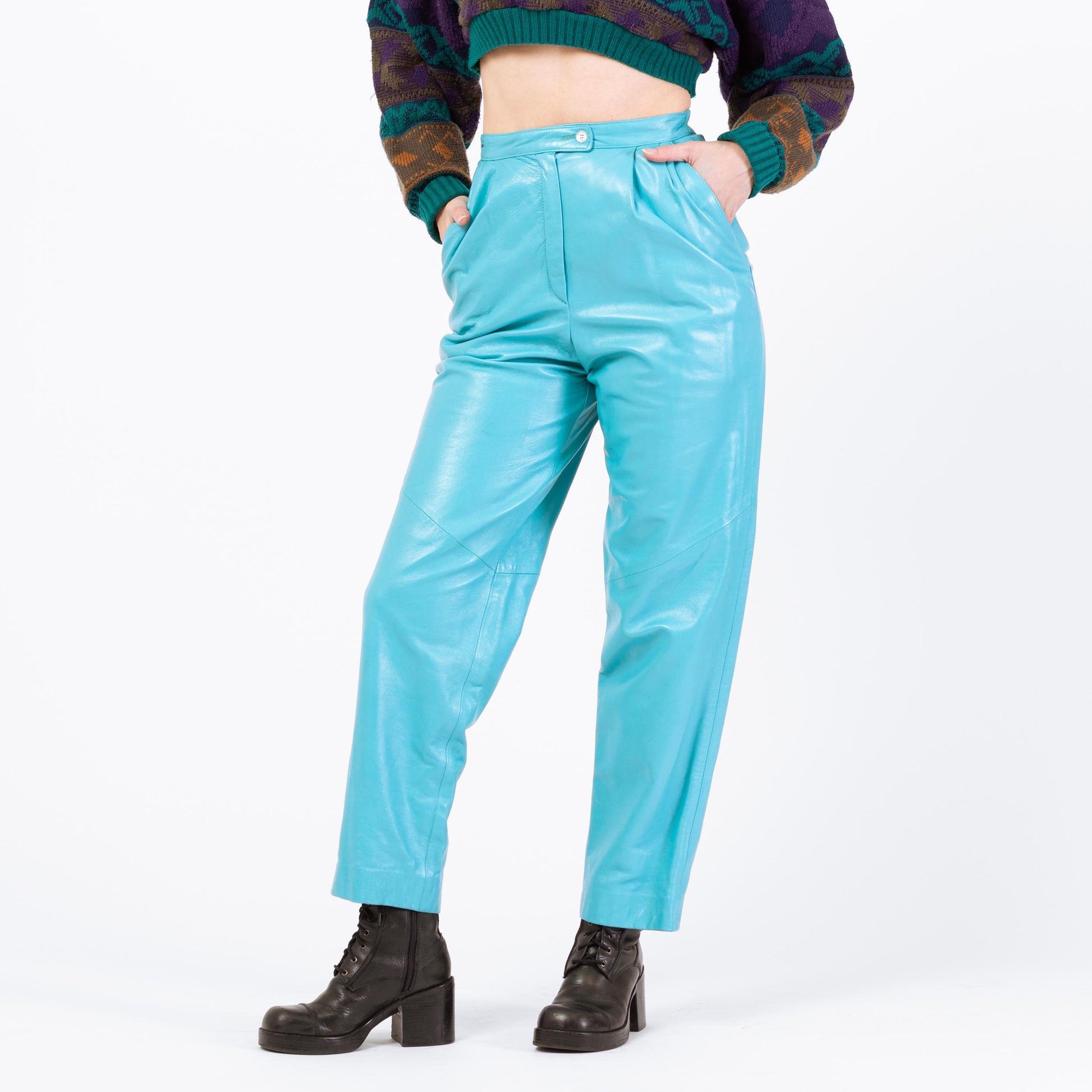 Vintage 80s Turquoise Blue Leather Suit Set - Small to Medium | Jacket & Pants Matching Two Piece Outfit