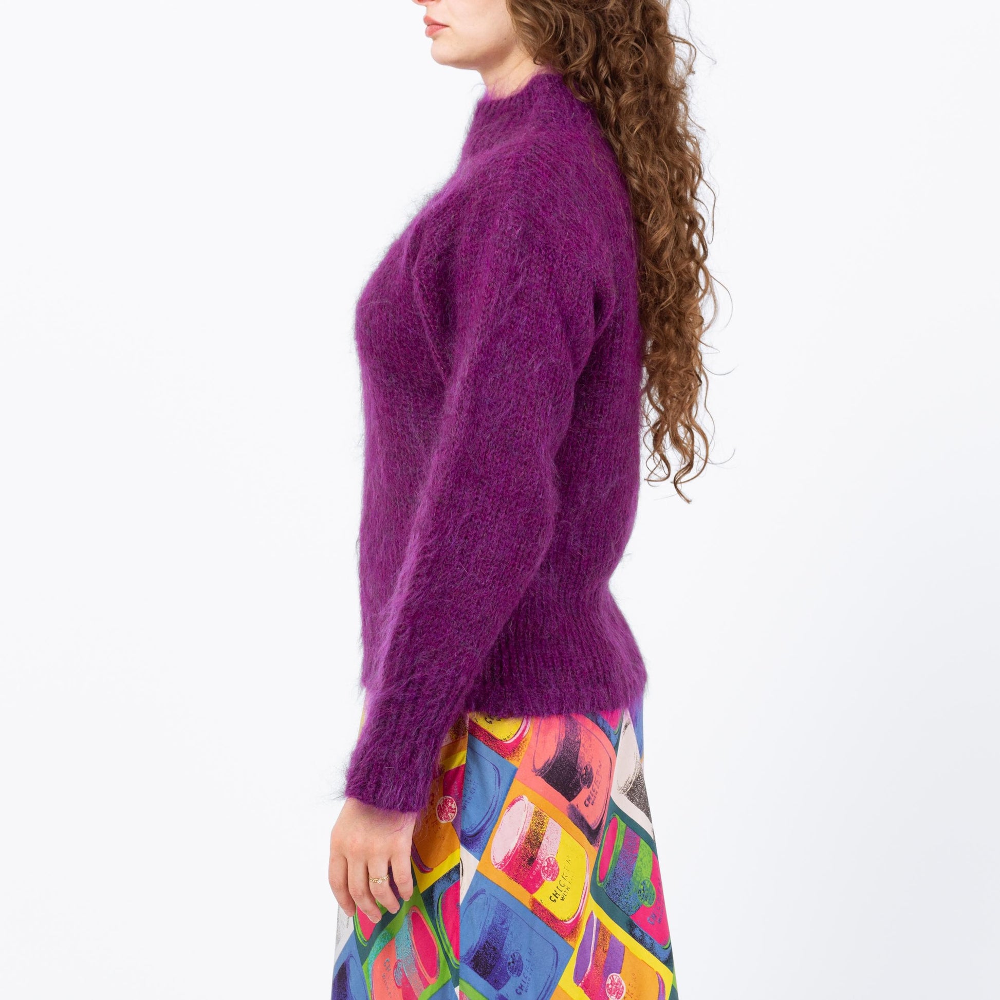 Vintage 80s Purple Mohair Funnel Neck Sweater - Medium | Wool Blend Turtleneck Pullover
