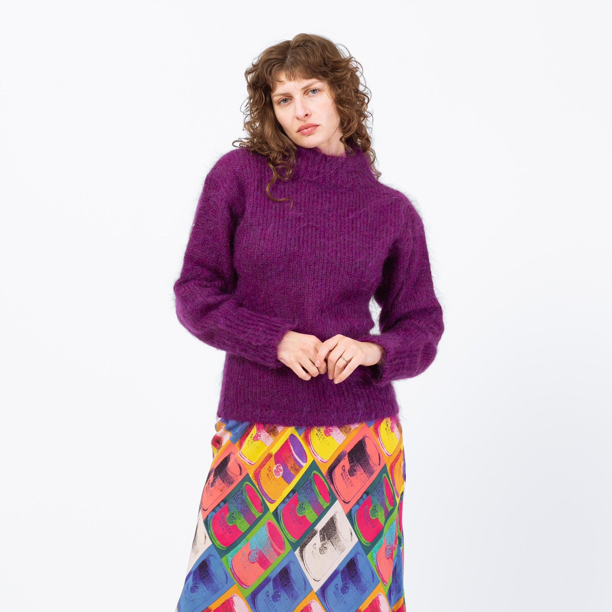 Vintage 80s Purple Mohair Funnel Neck Sweater - Medium | Wool Blend Turtleneck Pullover