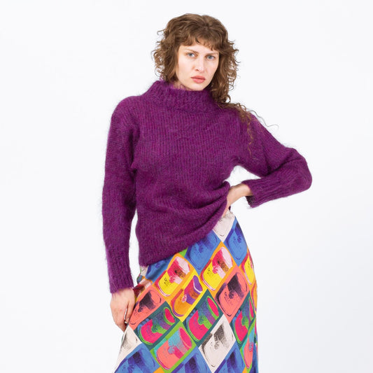 Vintage 80s Purple Mohair Funnel Neck Sweater - Medium | Wool Blend Turtleneck Pullover