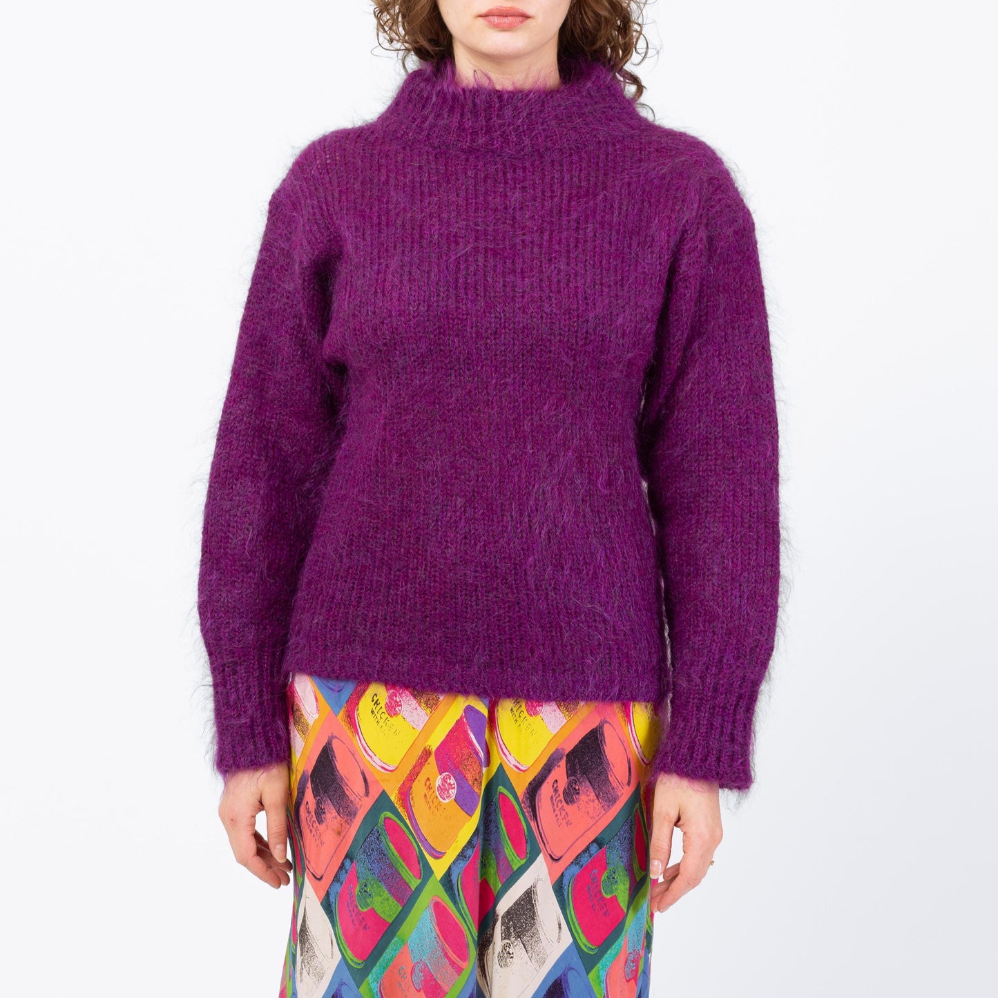 Vintage 80s Purple Mohair Funnel Neck Sweater - Medium | Wool Blend Turtleneck Pullover