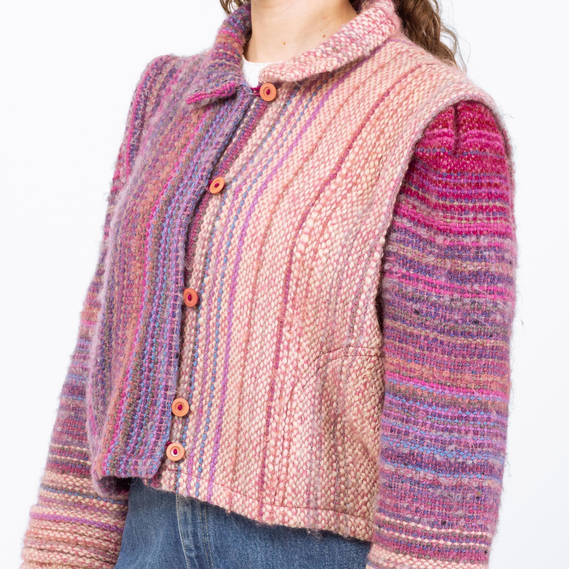 Vintage 80s Pink & Purple Gradient Striped Cropped Wool Jacket - Large to 1X | Hand Woven Cardigan