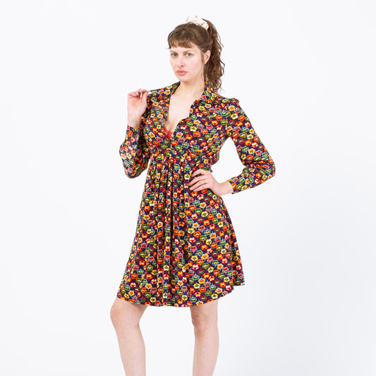 Vintage 70s Tulip Floral Mini Dress - Petite Small to Medium | Boho Long Sleeve Babydoll Dress