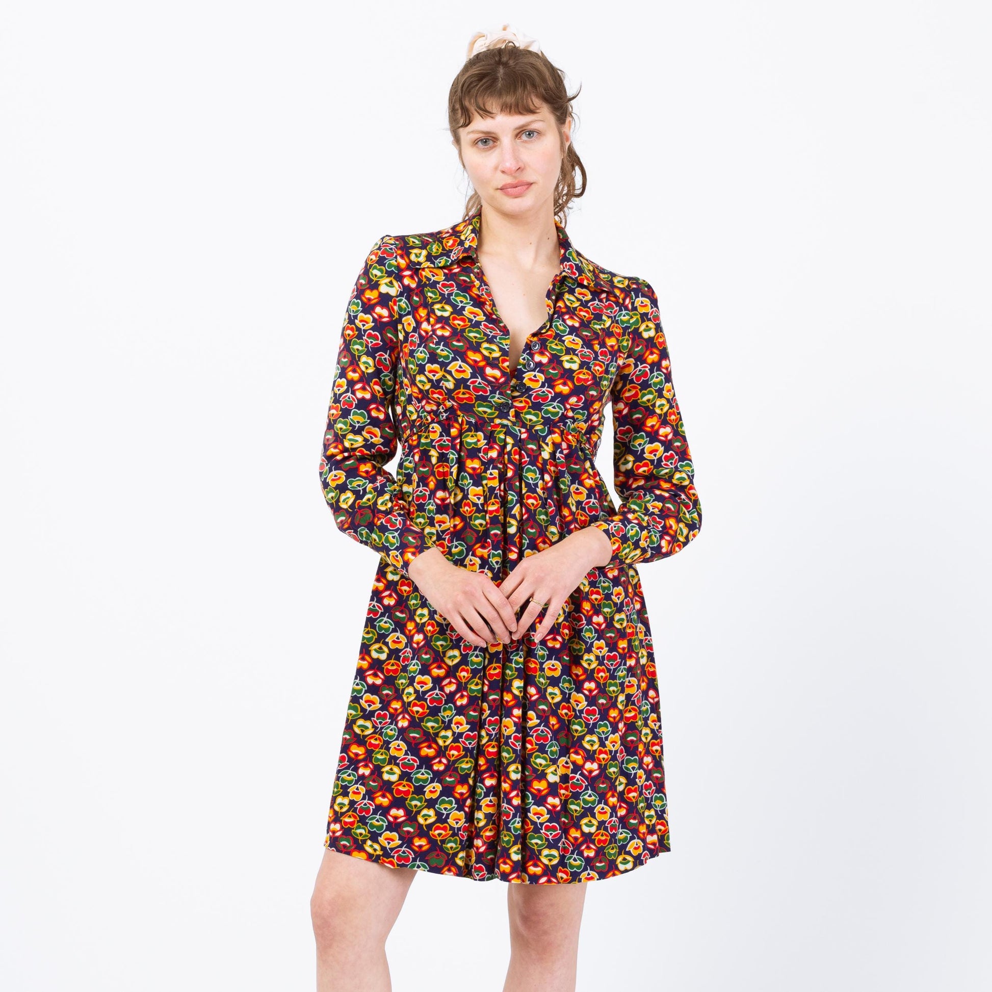 Vintage 70s Tulip Floral Mini Dress - Petite Small to Medium | Boho Long Sleeve Babydoll Dress