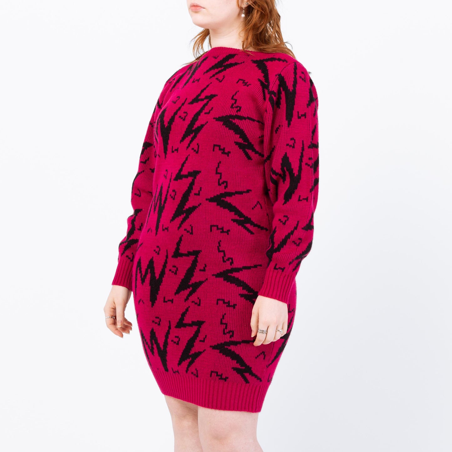 Vintage 80s Magenta Lightning Bolt Sweater Dress - Large | Geometric Knit Oversize Pullover