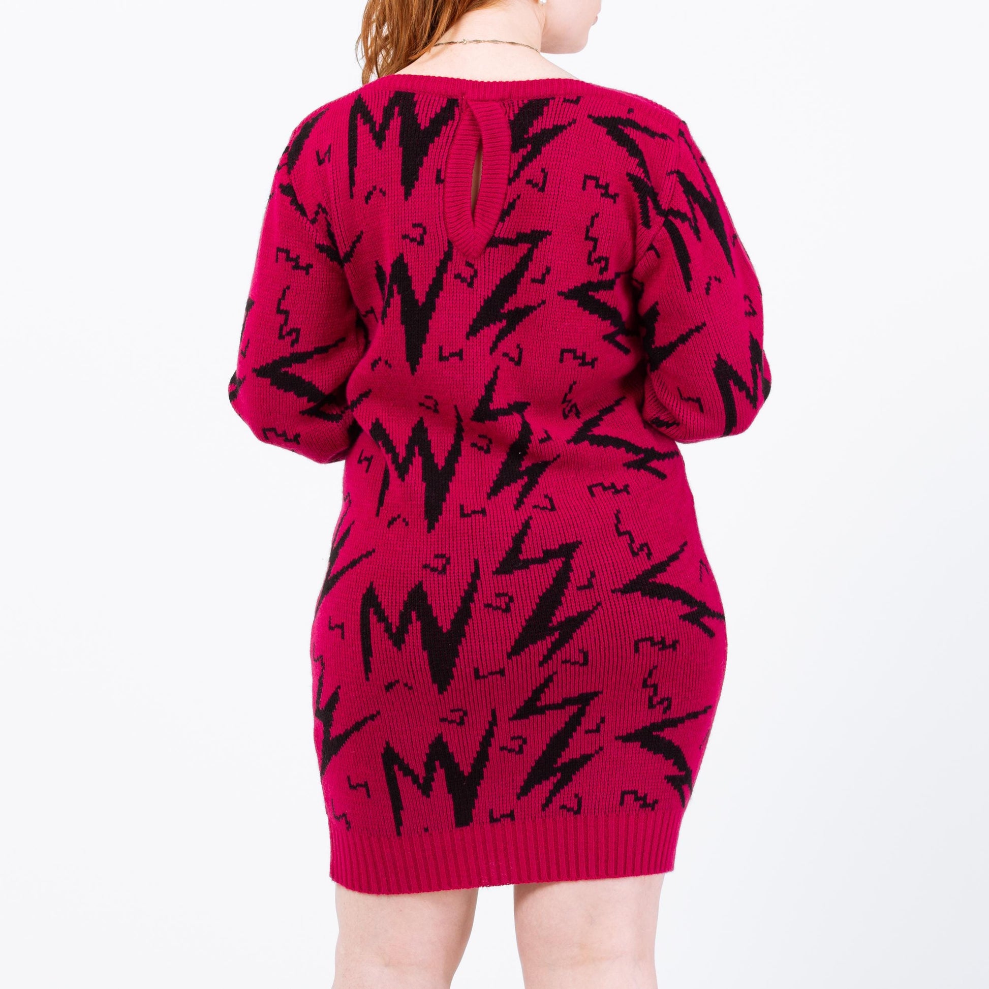 Vintage 80s Magenta Lightning Bolt Sweater Dress - Large | Geometric Knit Oversize Pullover