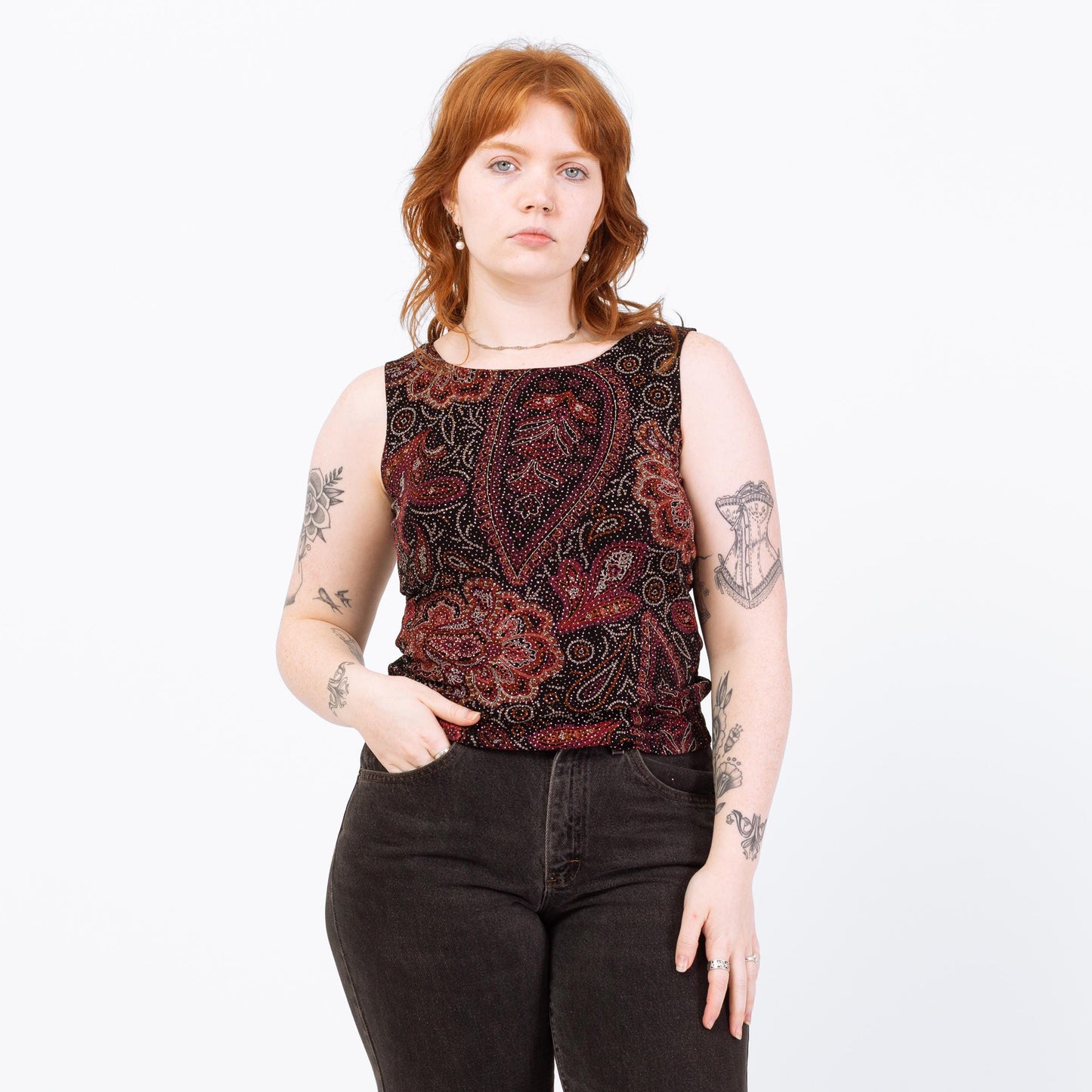Vintage 90s Black & Red Sparkle Tank - Medium | Paisley Print Stretchy Sleeveless Top