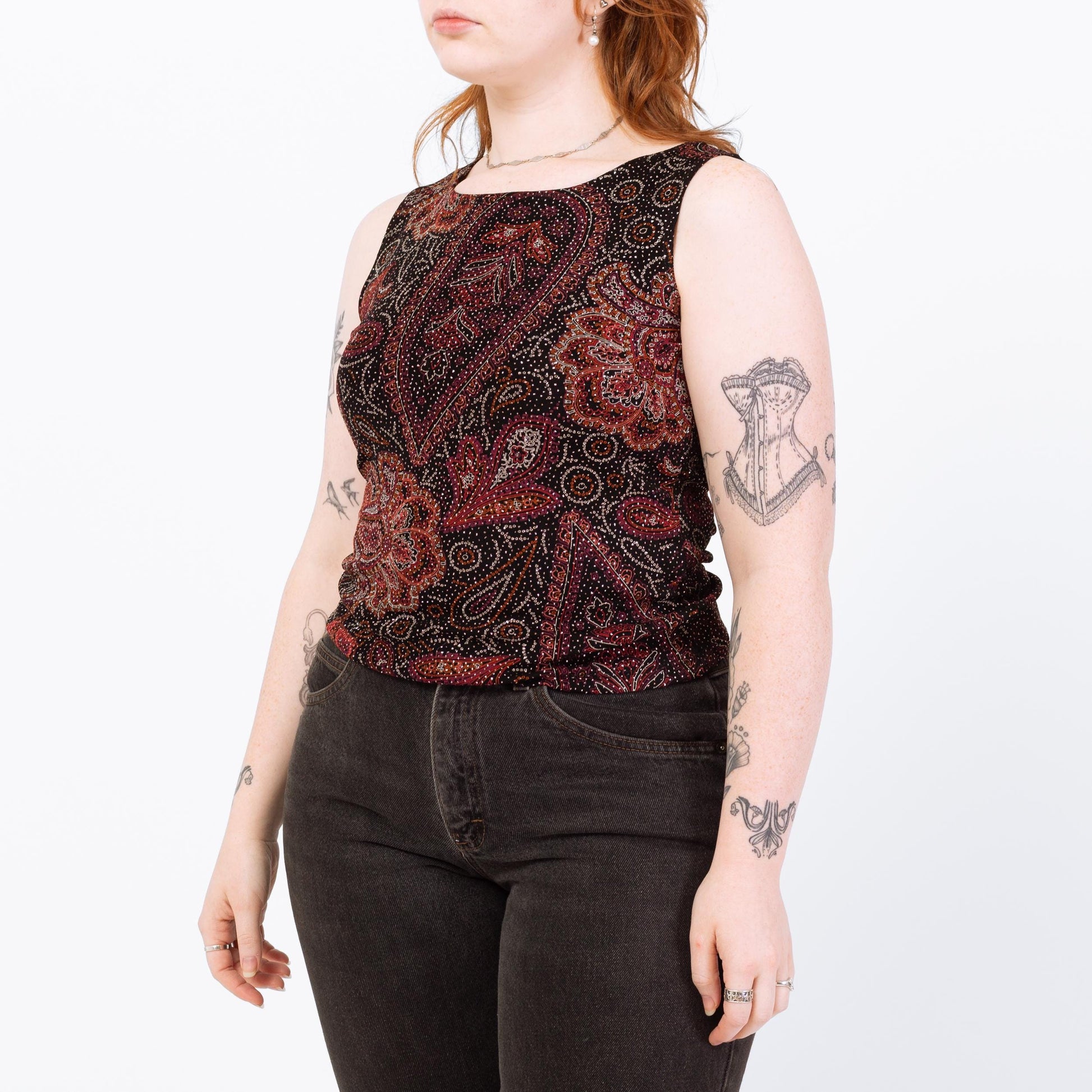 Vintage 90s Black & Red Sparkle Tank - Medium | Paisley Print Stretchy Sleeveless Top