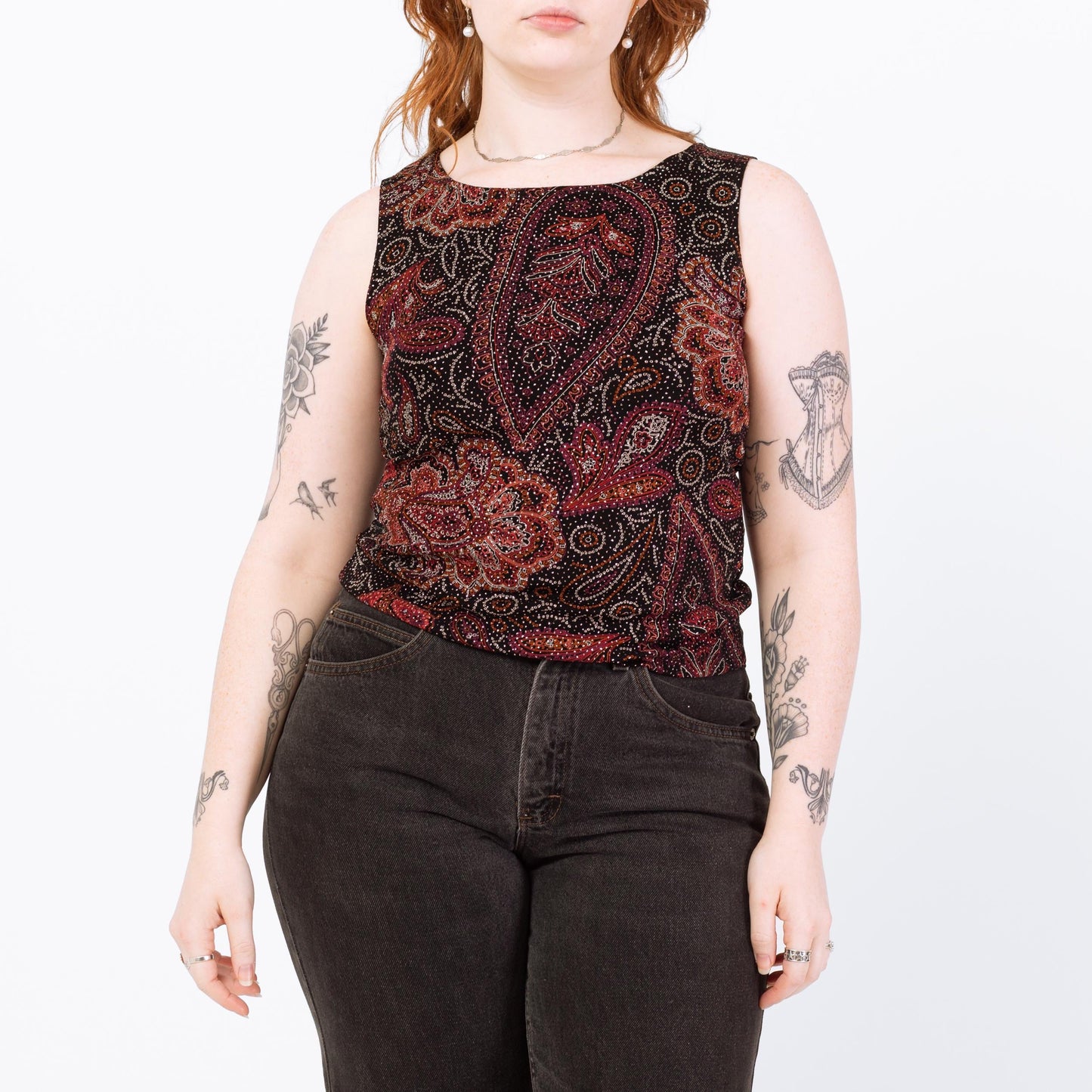 Vintage 90s Black & Red Sparkle Tank - Medium | Paisley Print Stretchy Sleeveless Top