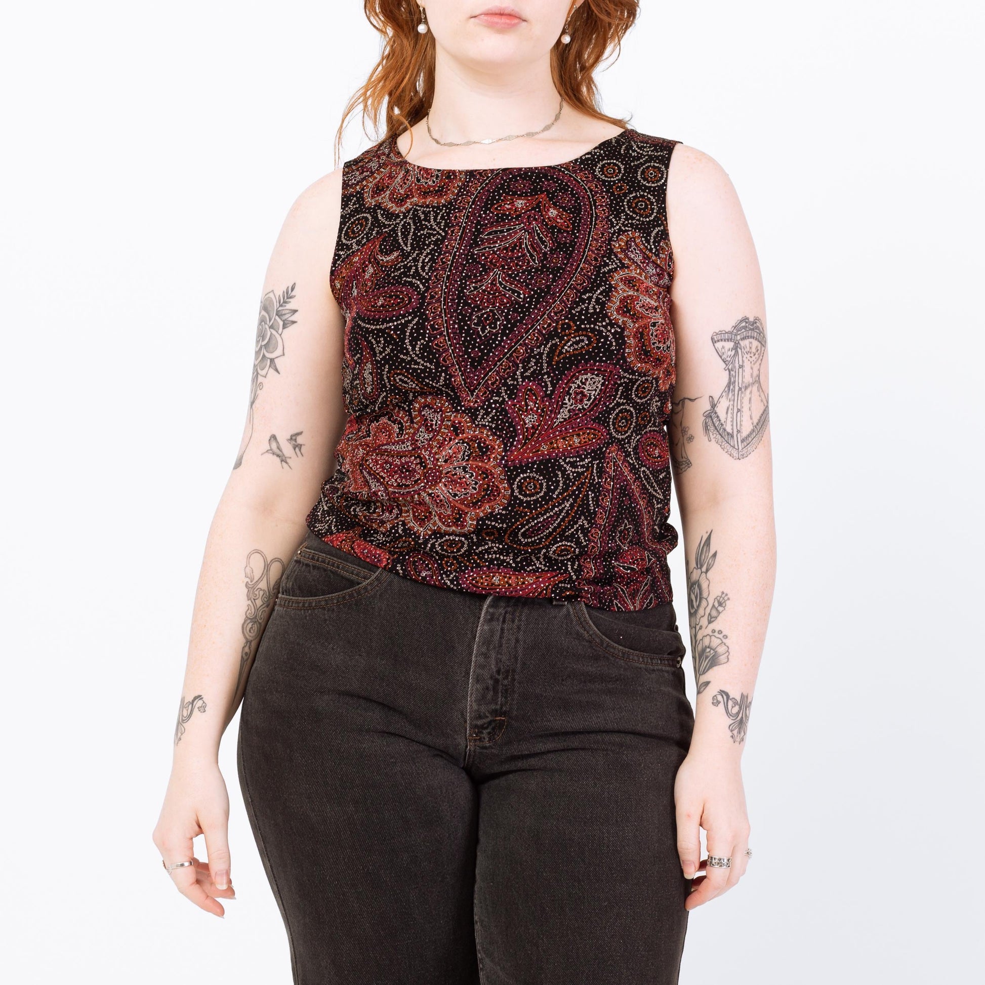 Vintage 90s Black & Red Sparkle Tank - Medium | Paisley Print Stretchy Sleeveless Top