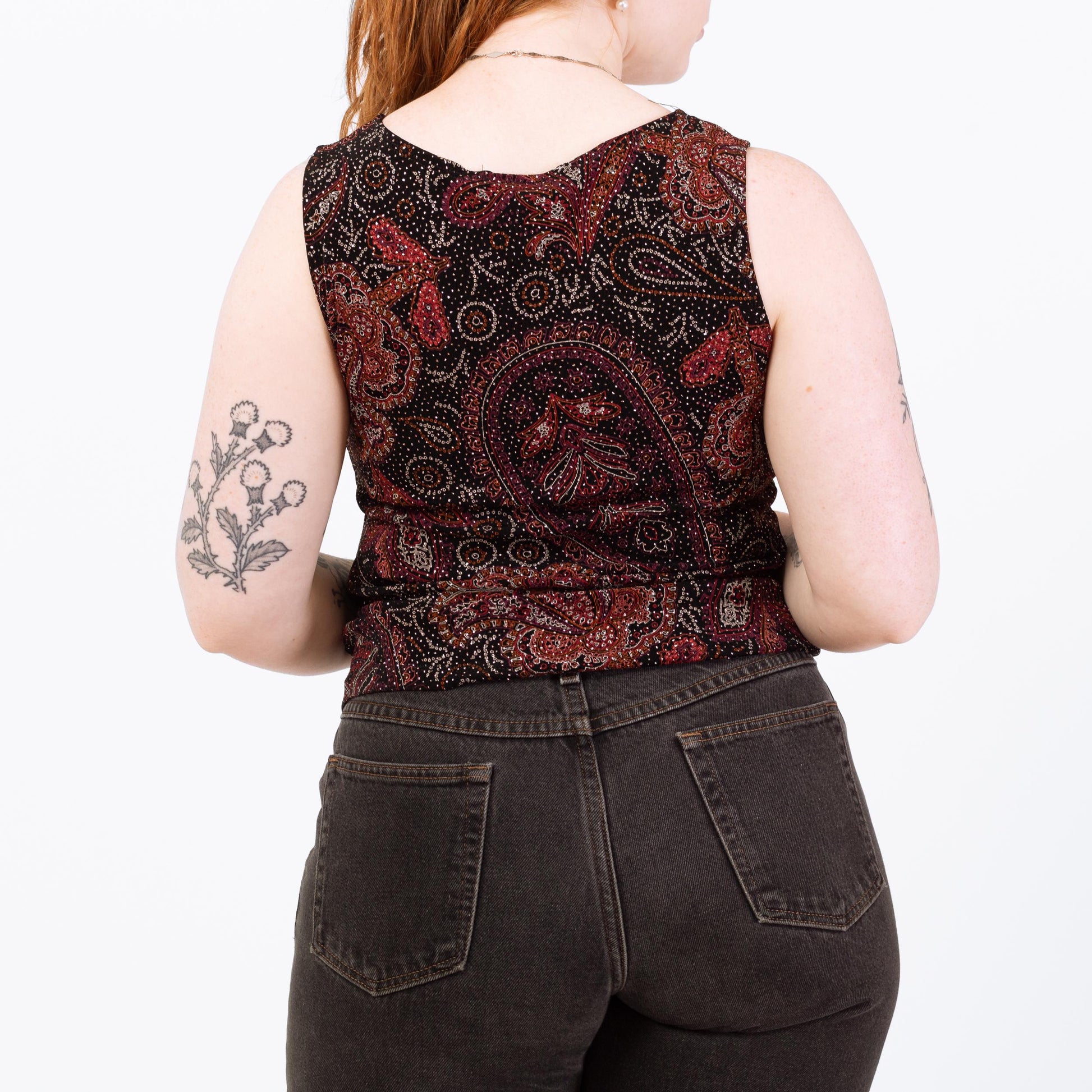 Vintage 90s Black & Red Sparkle Tank - Medium | Paisley Print Stretchy Sleeveless Top