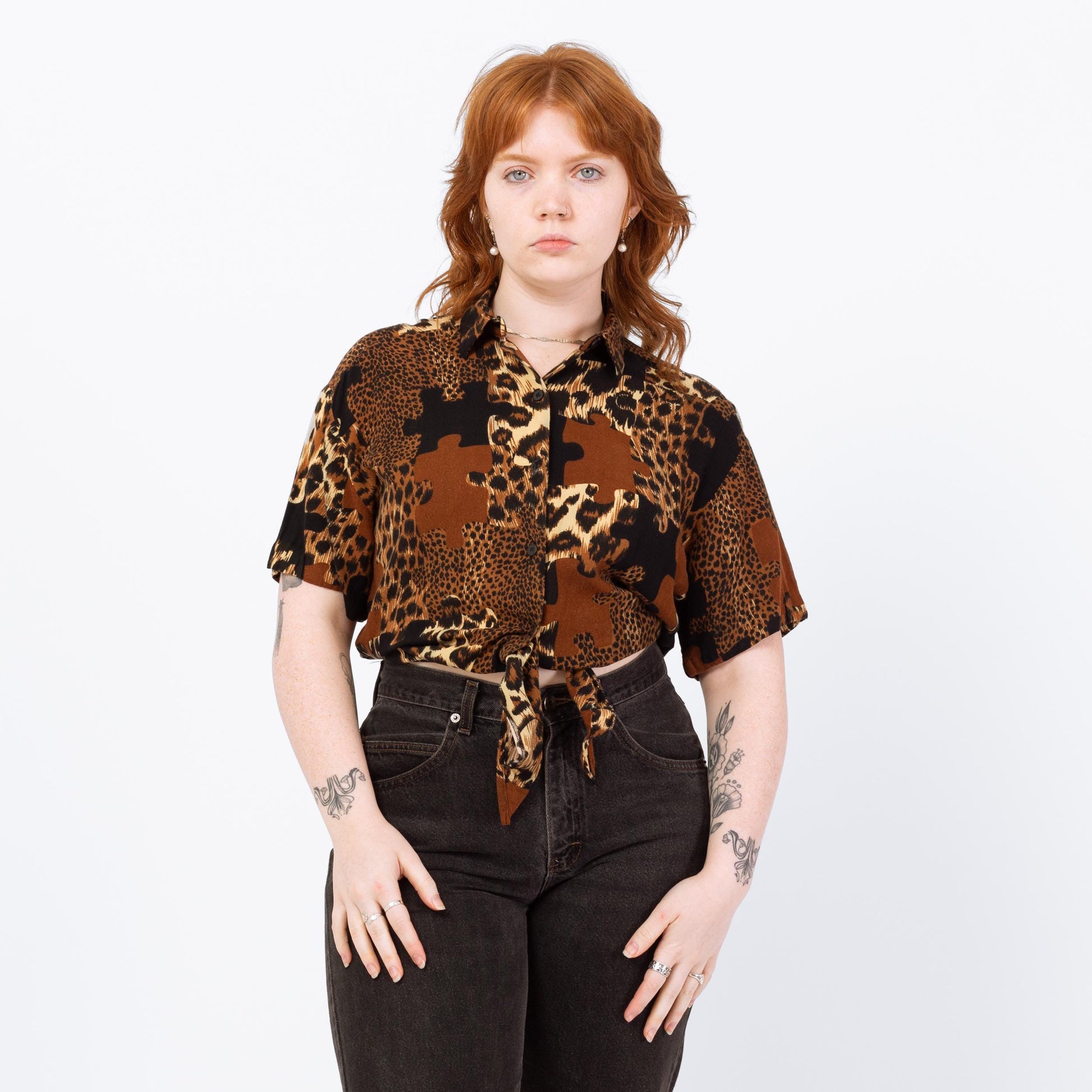 Vintage 90s Jigsaw Puzzle Animal Print Crop Top - Large | Button Up Tie Front Shirt