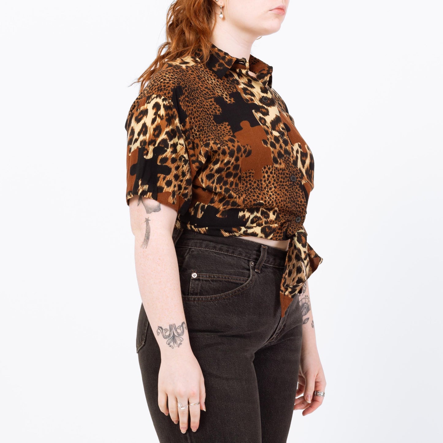 Vintage 90s Jigsaw Puzzle Animal Print Crop Top - Large | Button Up Tie Front Shirt