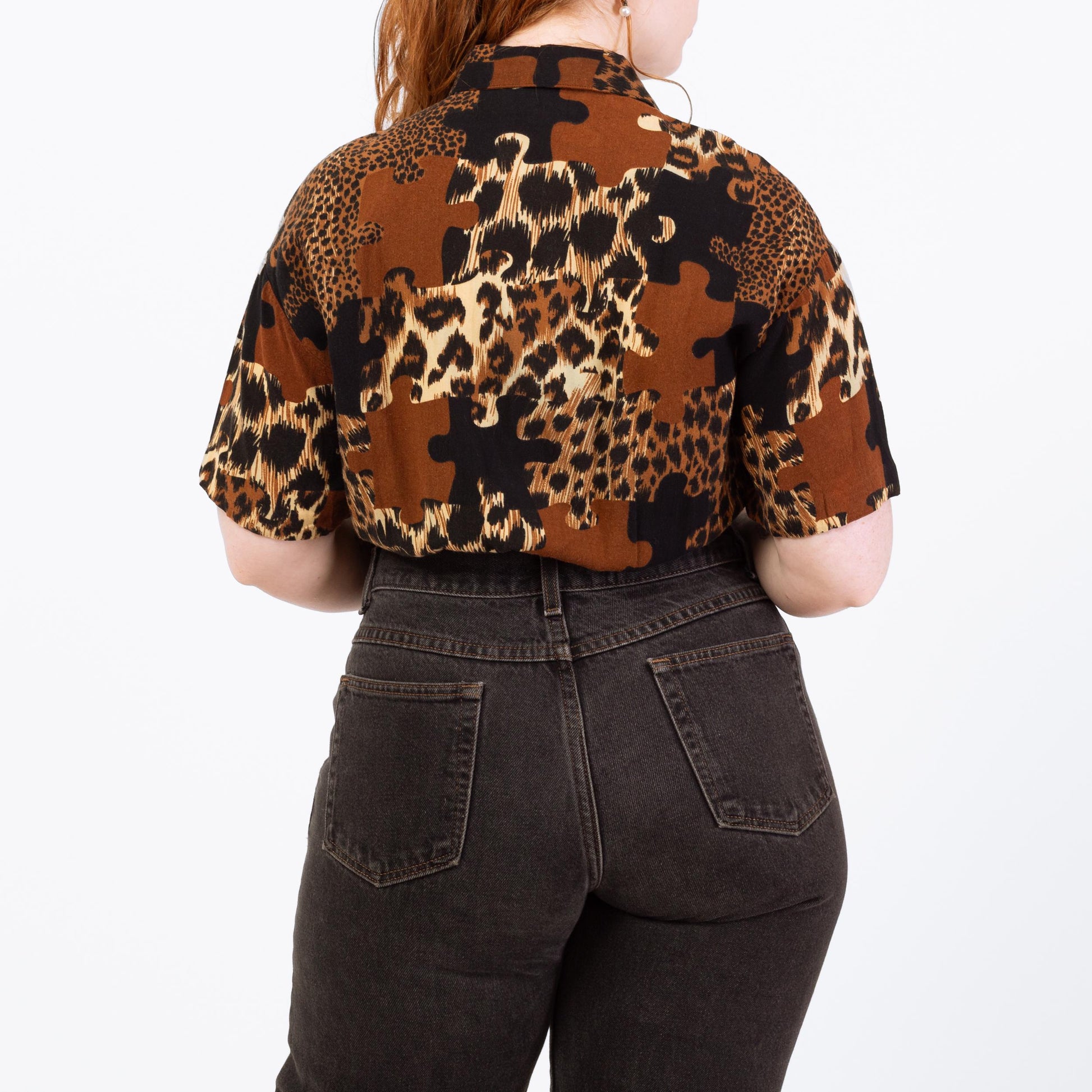 Vintage 90s Jigsaw Puzzle Animal Print Crop Top - Large | Button Up Tie Front Shirt