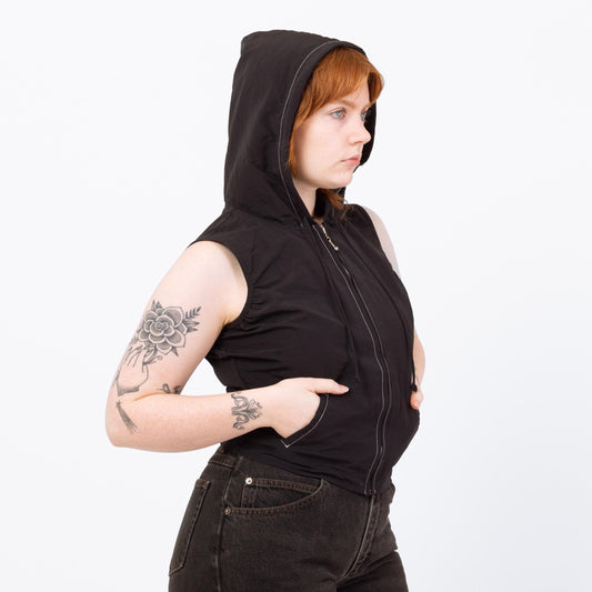 Vintage 90s Black Zip Up Hoodie Top - Medium | Sleeveless Cropped Hooded Shirt
