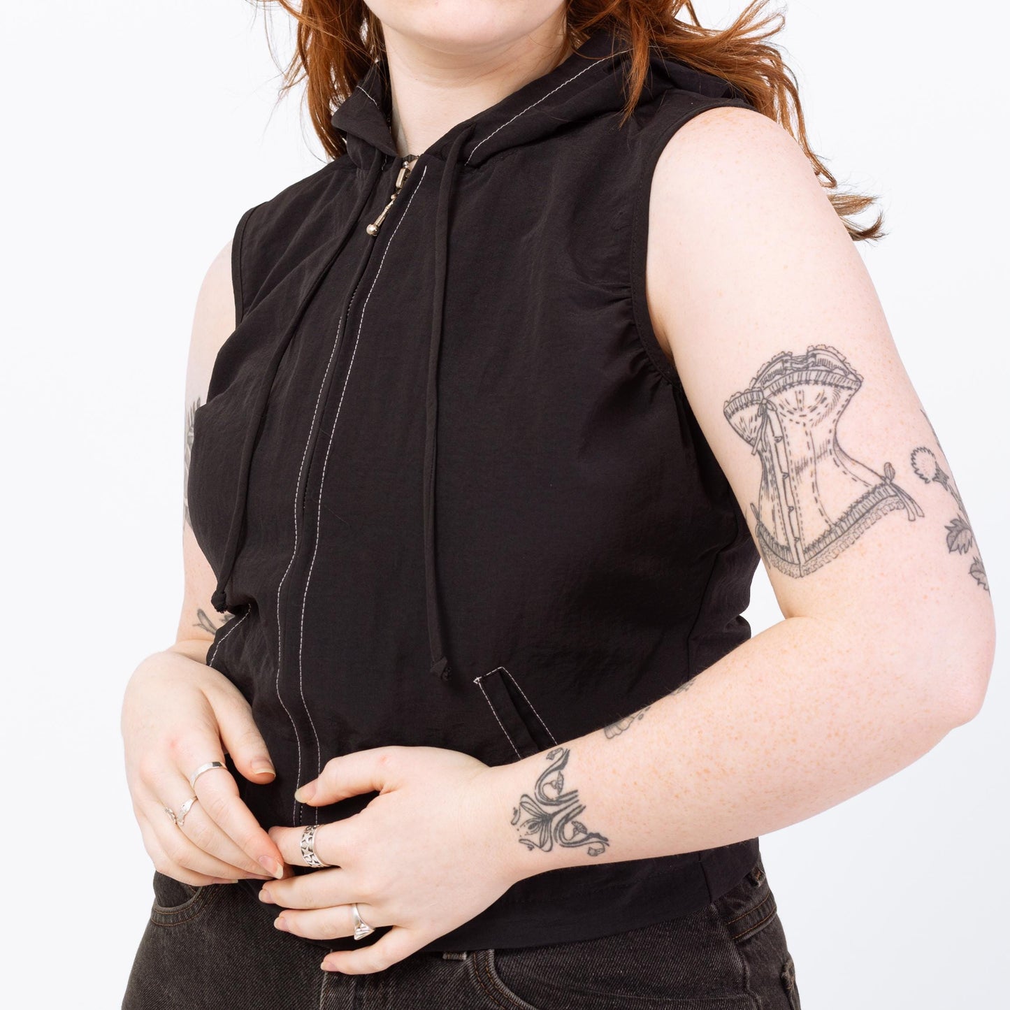 Vintage 90s Black Zip Up Hoodie Top - Medium | Sleeveless Cropped Hooded Shirt