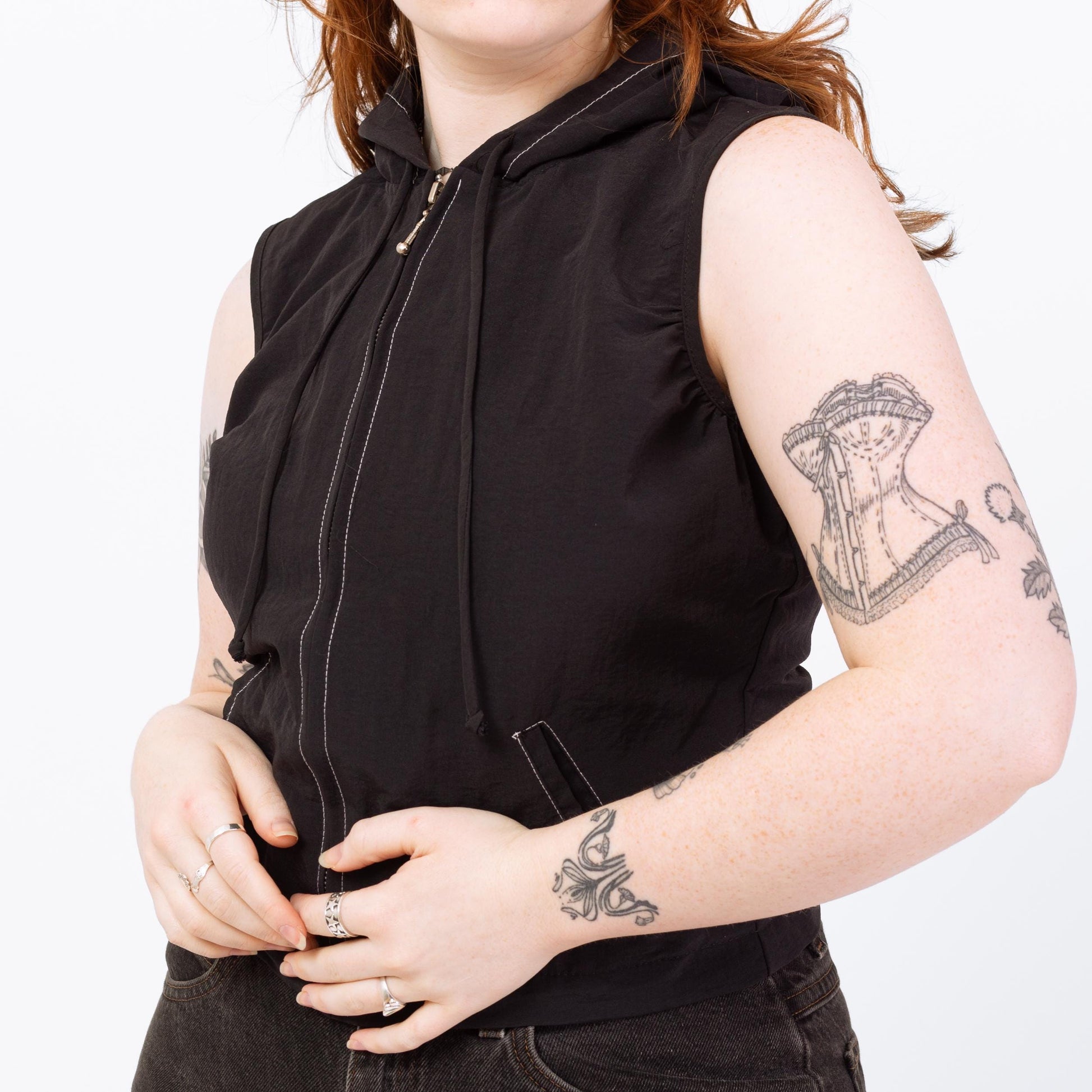 Vintage 90s Black Zip Up Hoodie Top - Medium | Sleeveless Cropped Hooded Shirt