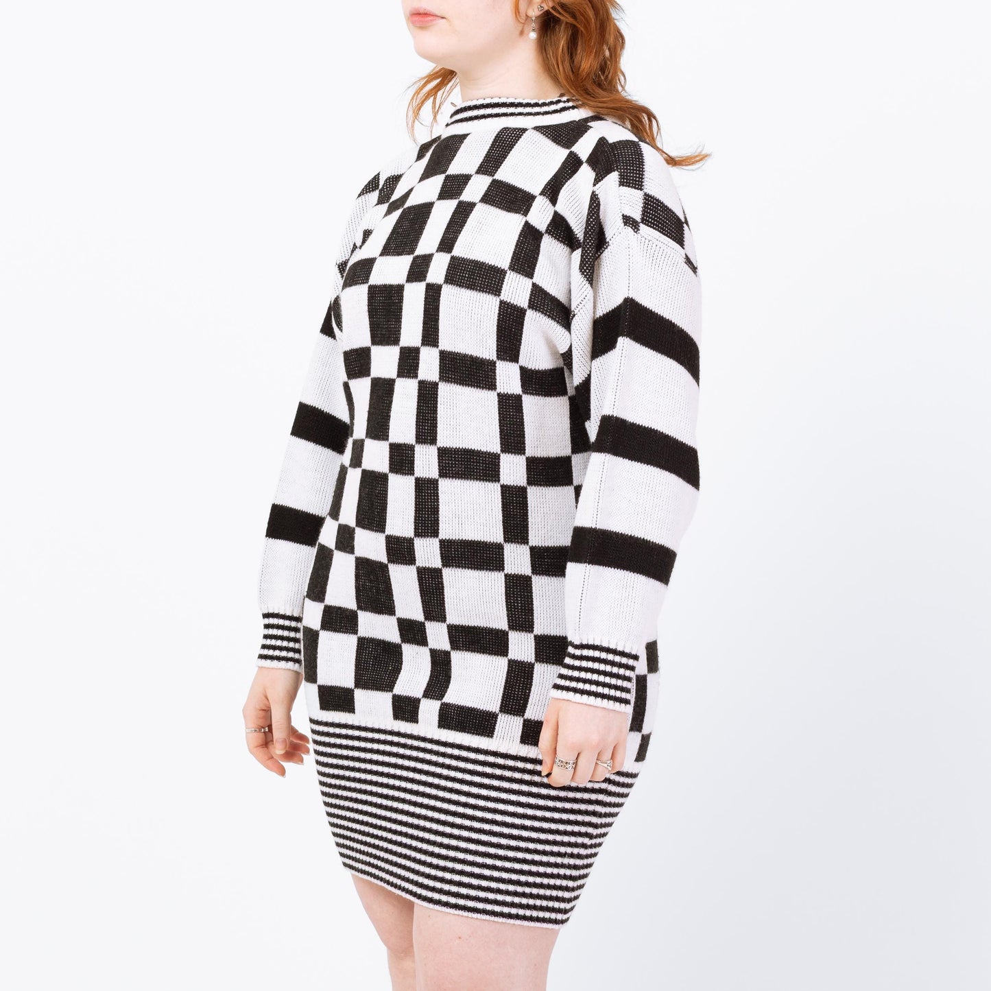 Vintage 80s Black & White Geometric Knit Sweater Dress - Large | Checkered Striped Oversize Pullover