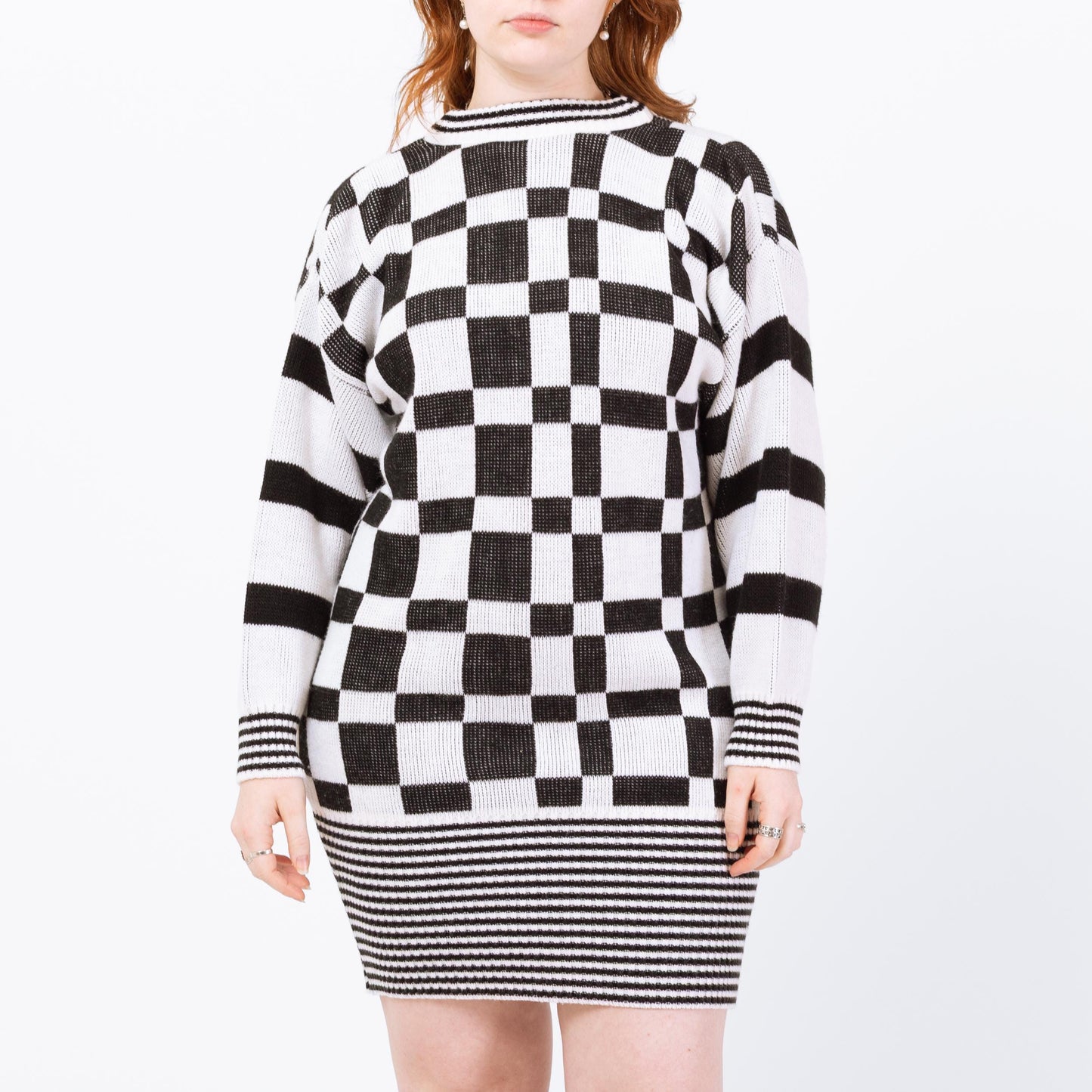 Vintage 80s Black & White Geometric Knit Sweater Dress - Large | Checkered Striped Oversize Pullover